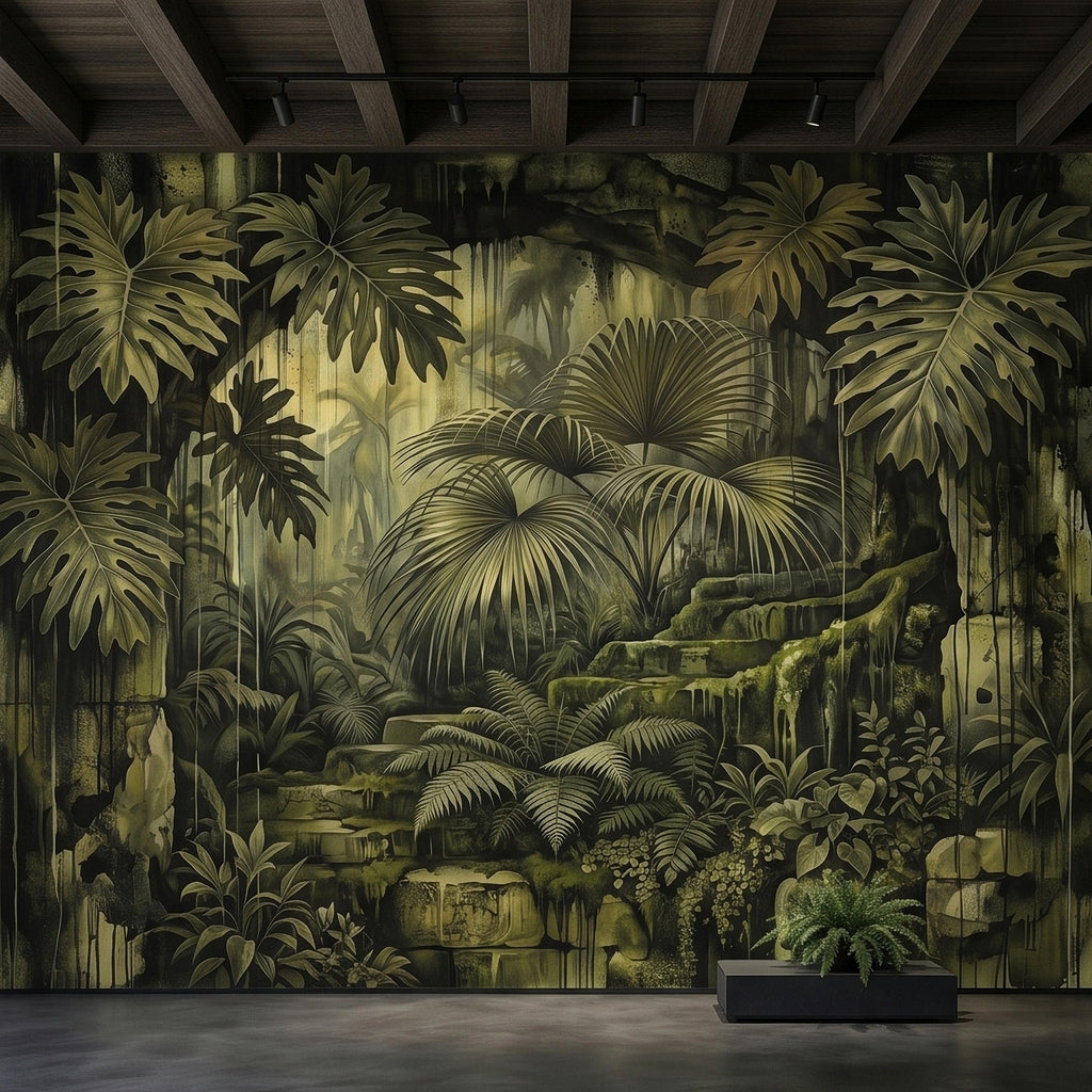 Dark Jungle Peel and Stick Wall Mural, Monstera Palm Leaves Overgrown Ruins, Moody Tropical Rainforest Vintage Grunge Botanical Wallpaper