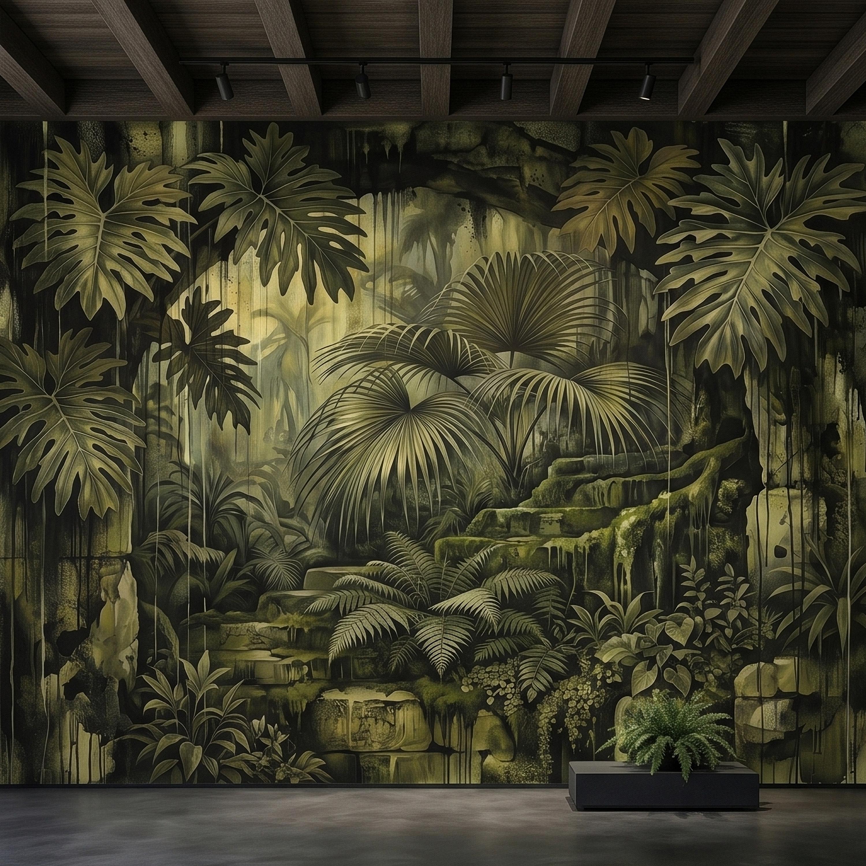 Dark Jungle Peel and Stick Wall Mural, Monstera Palm Leaves Overgrown Ruins, Moody Tropical Rainforest Vintage Grunge Botanical Wallpaper