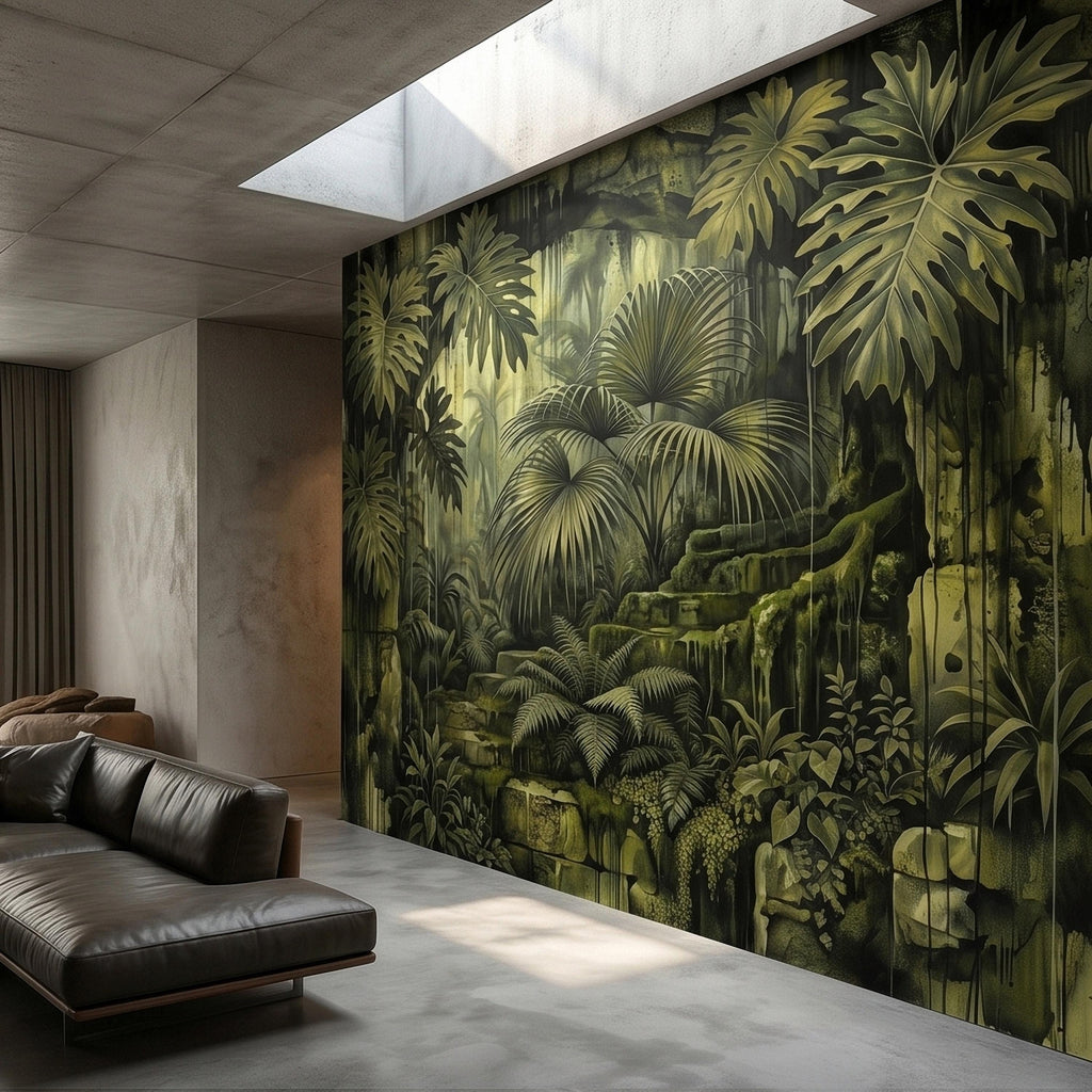 Dark Jungle Peel and Stick Wall Mural, Monstera Palm Leaves Overgrown Ruins, Moody Tropical Rainforest Vintage Grunge Botanical Wallpaper