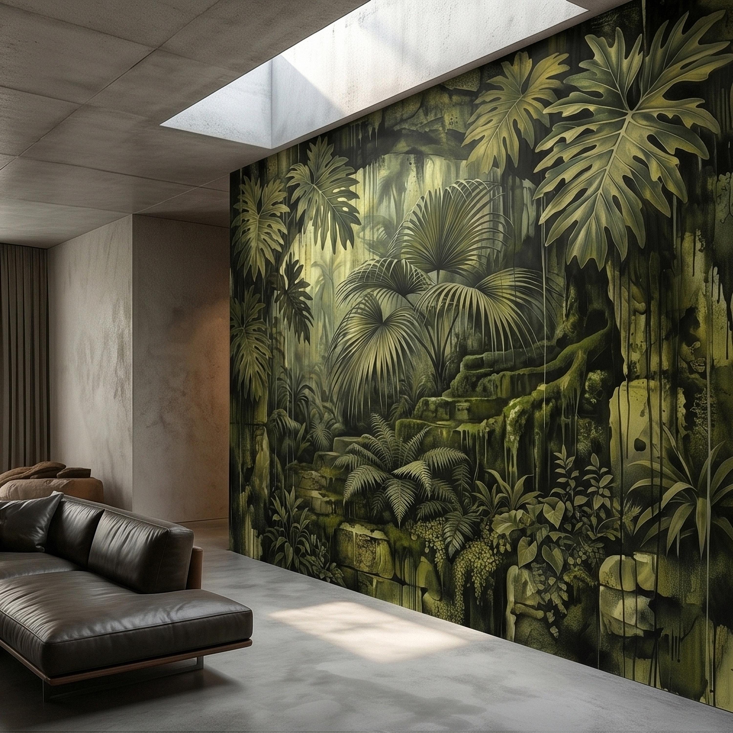 Dark Jungle Peel and Stick Wall Mural, Monstera Palm Leaves Overgrown Ruins, Moody Tropical Rainforest Vintage Grunge Botanical Wallpaper