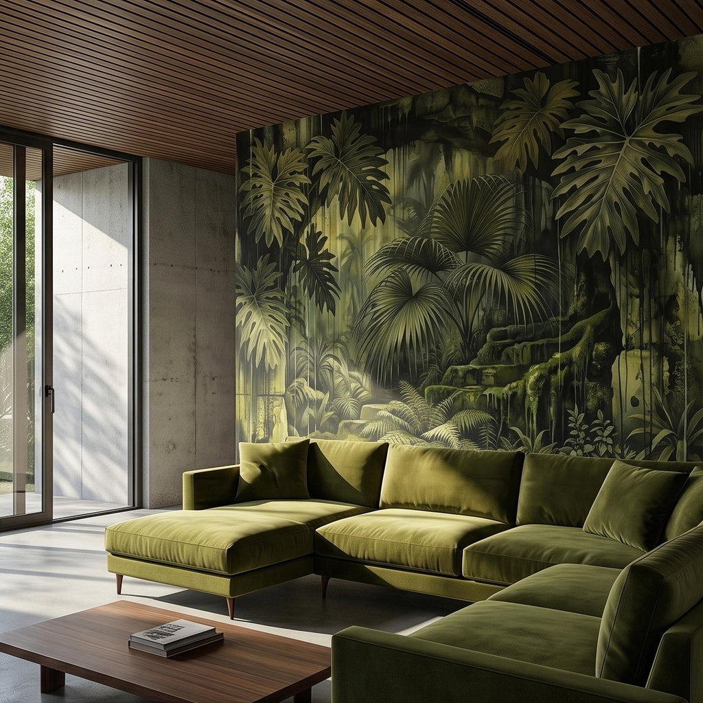 Dark Jungle Peel and Stick Wall Mural, Monstera Palm Leaves Overgrown Ruins, Moody Tropical Rainforest Vintage Grunge Botanical Wallpaper