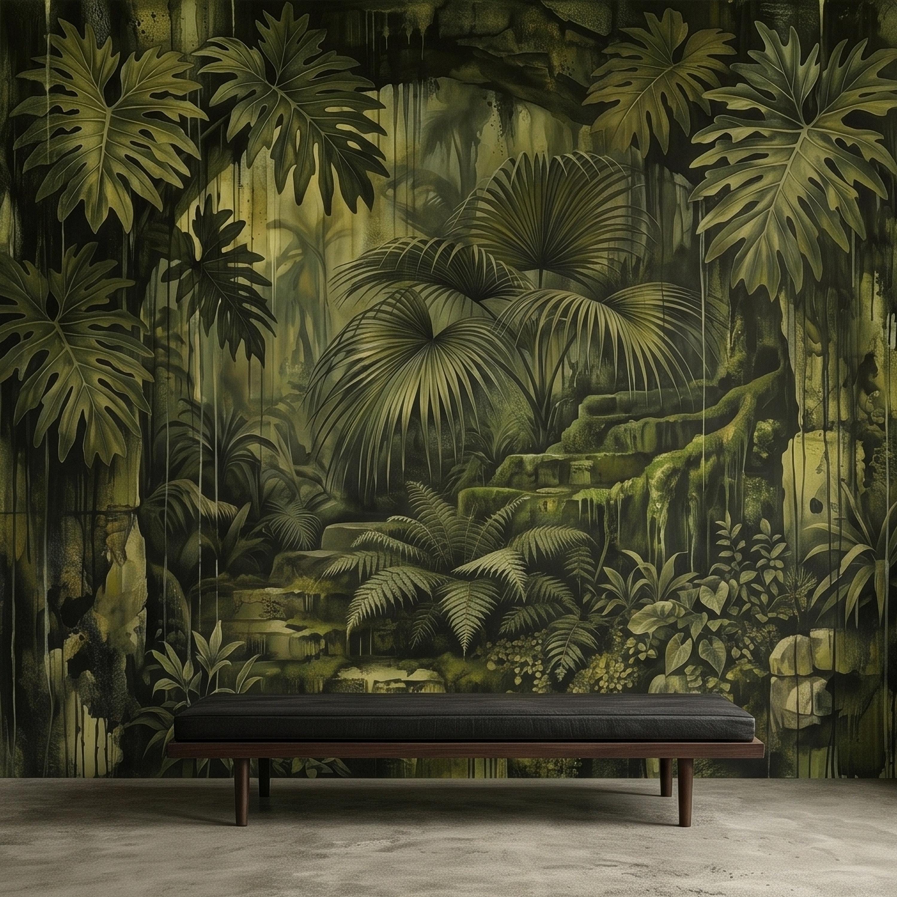 Dark Jungle Peel and Stick Wall Mural, Monstera Palm Leaves Overgrown Ruins, Moody Tropical Rainforest Vintage Grunge Botanical Wallpaper