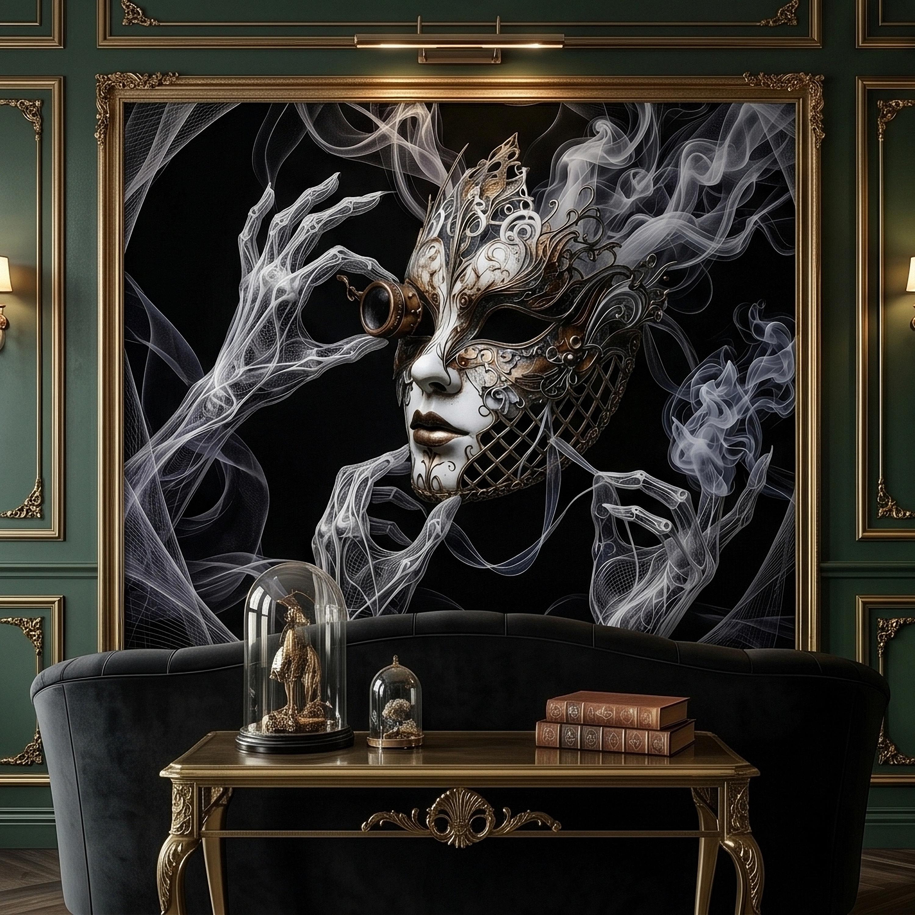 Steampunk Masquerade Mask Peel and Stick Wall Mural, Gothic Smoke Phantom Hands Dark Black Surreal Venetian Carnival Art Moody Wallpaper