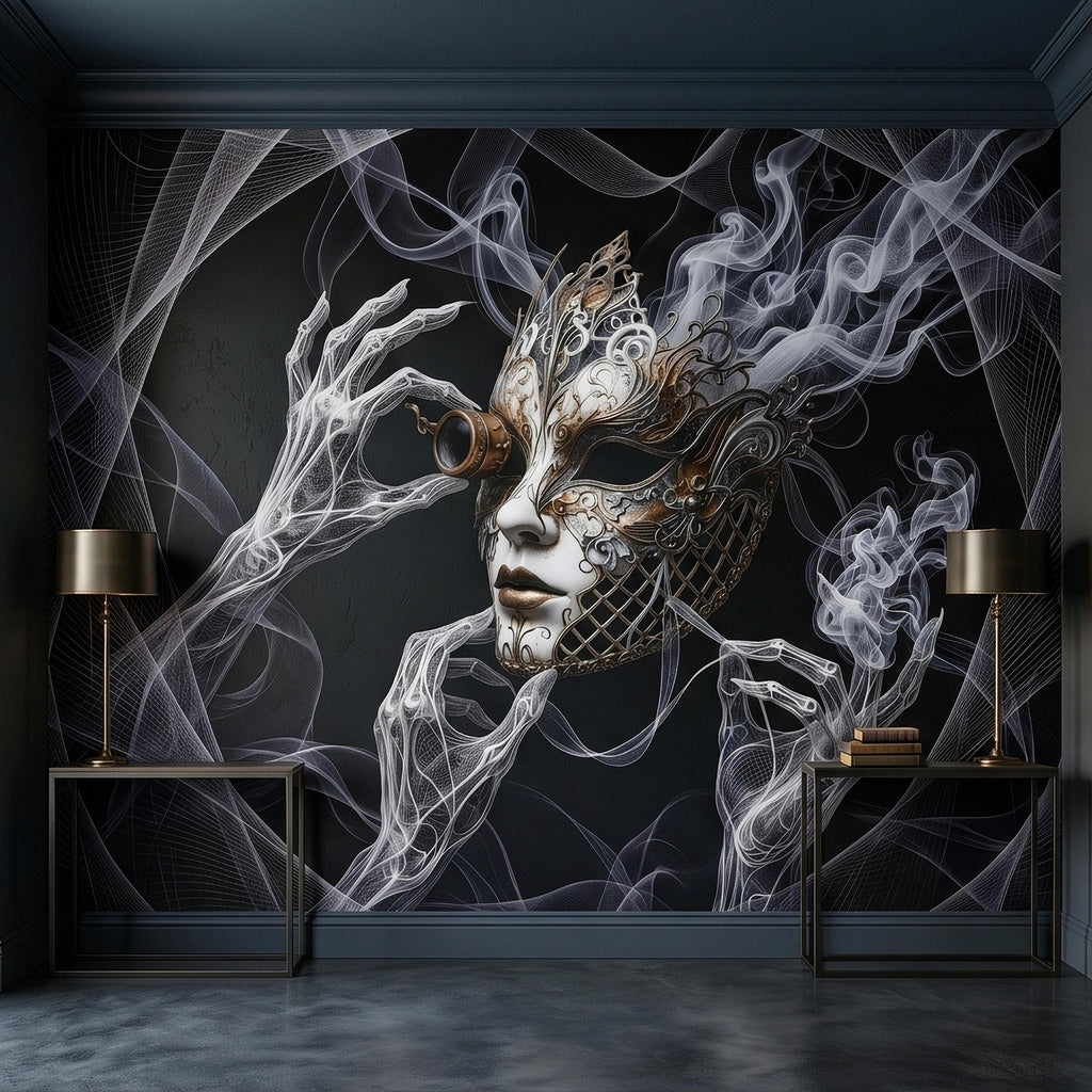 Steampunk Masquerade Mask Peel and Stick Wall Mural, Gothic Smoke Phantom Hands Dark Black Surreal Venetian Carnival Art Moody Wallpaper