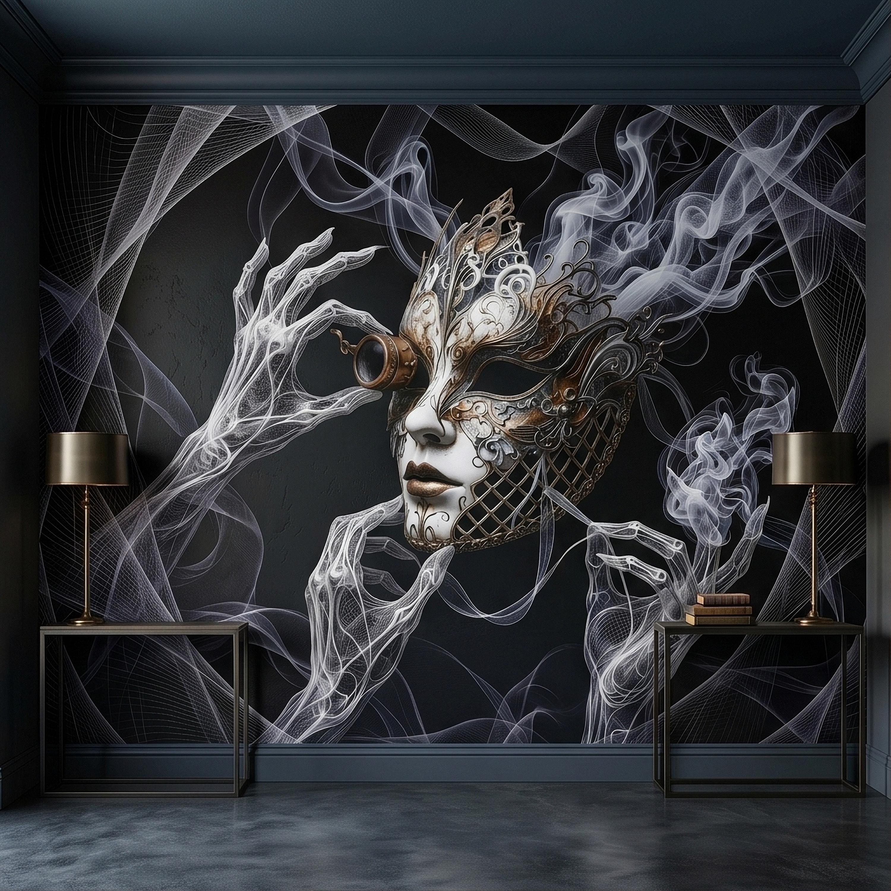Steampunk Masquerade Mask Peel and Stick Wall Mural, Gothic Smoke Phantom Hands Dark Black Surreal Venetian Carnival Art Moody Wallpaper
