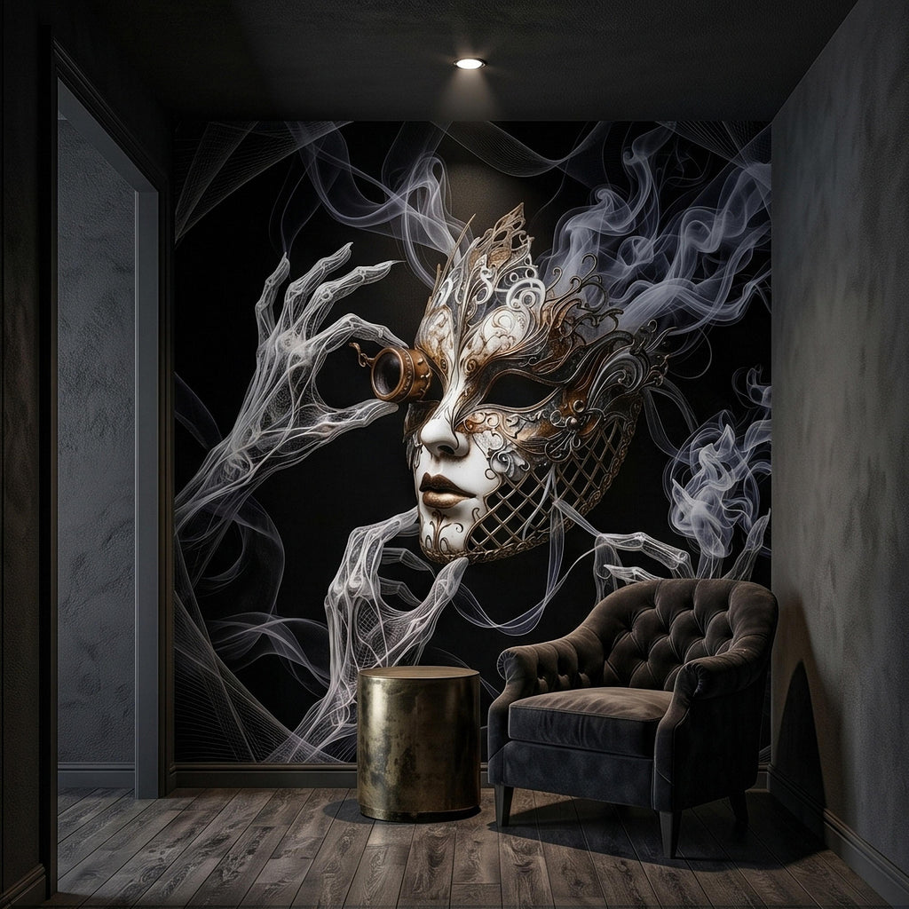 Steampunk Masquerade Mask Peel and Stick Wall Mural, Gothic Smoke Phantom Hands Dark Black Surreal Venetian Carnival Art Moody Wallpaper