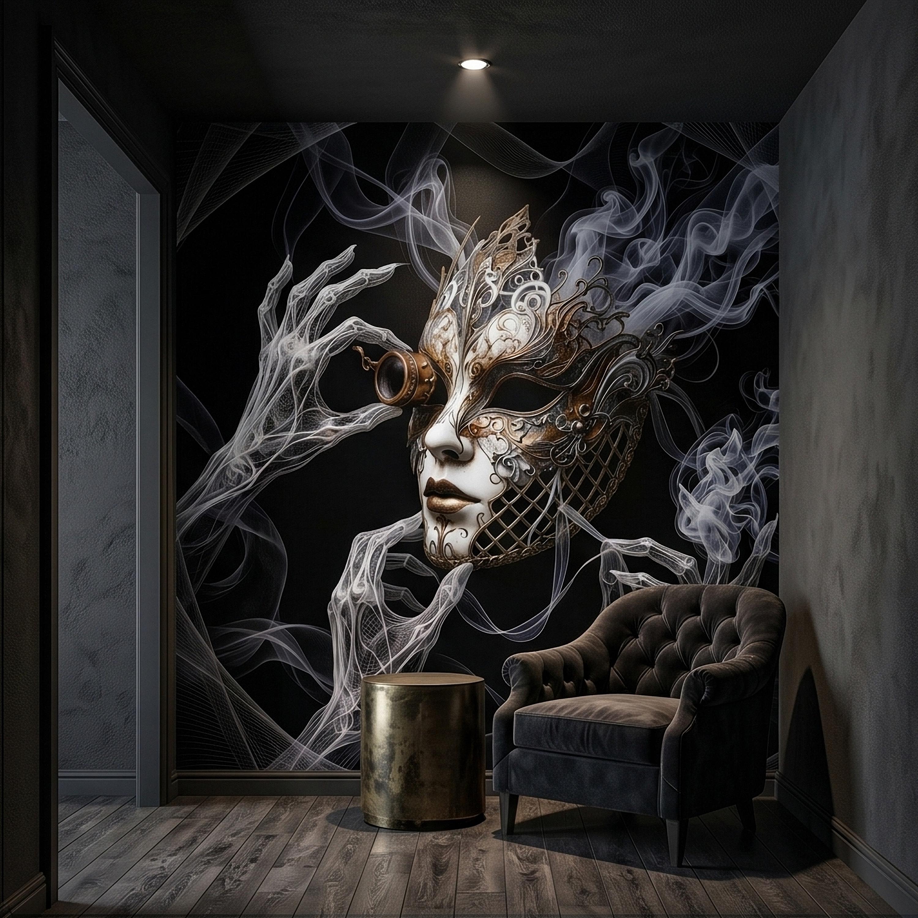 Steampunk Masquerade Mask Peel and Stick Wall Mural, Gothic Smoke Phantom Hands Dark Black Surreal Venetian Carnival Art Moody Wallpaper