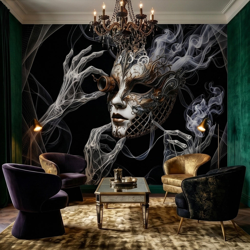 Steampunk Masquerade Mask Peel and Stick Wall Mural, Gothic Smoke Phantom Hands Dark Black Surreal Venetian Carnival Art Moody Wallpaper