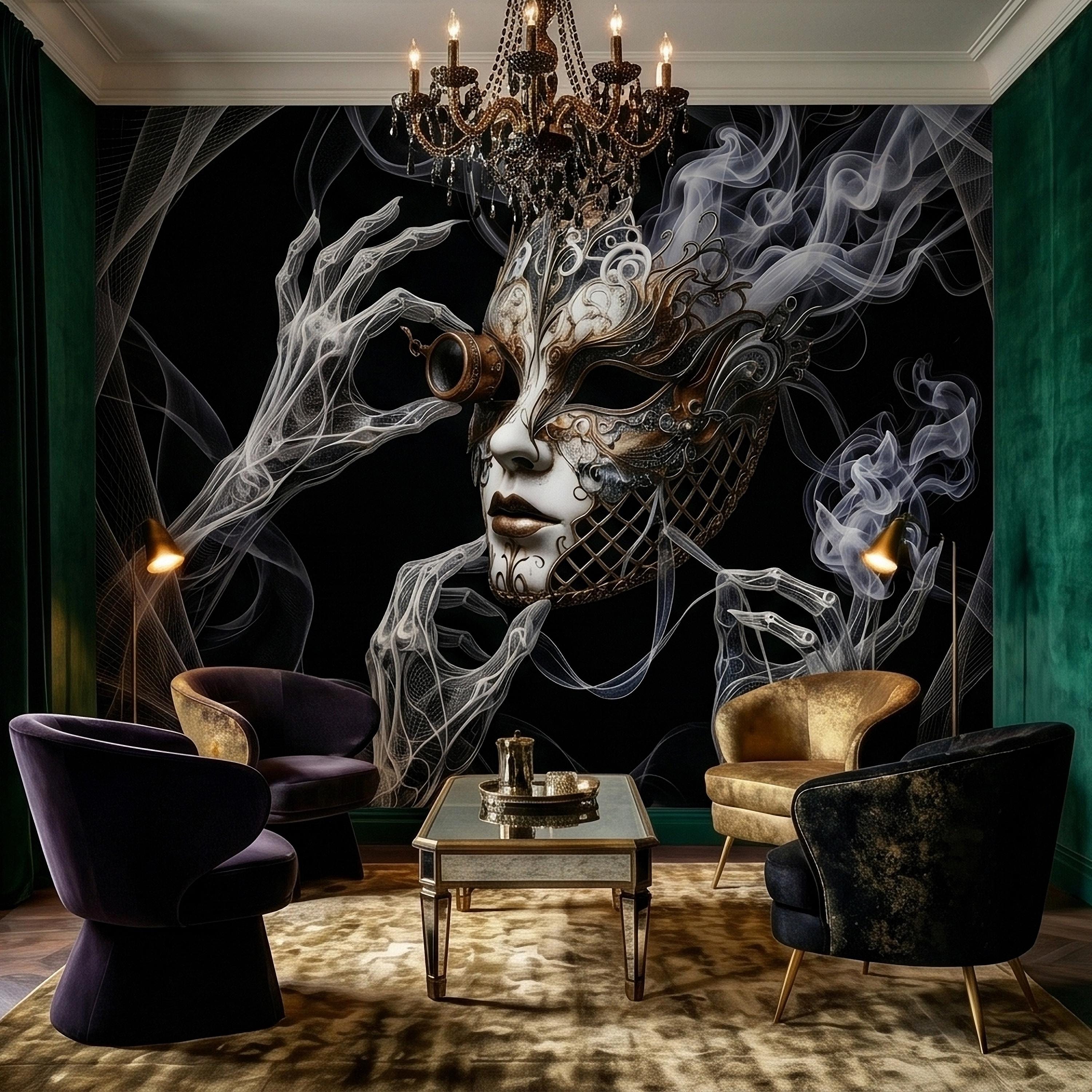 Steampunk Masquerade Mask Peel and Stick Wall Mural, Gothic Smoke Phantom Hands Dark Black Surreal Venetian Carnival Art Moody Wallpaper