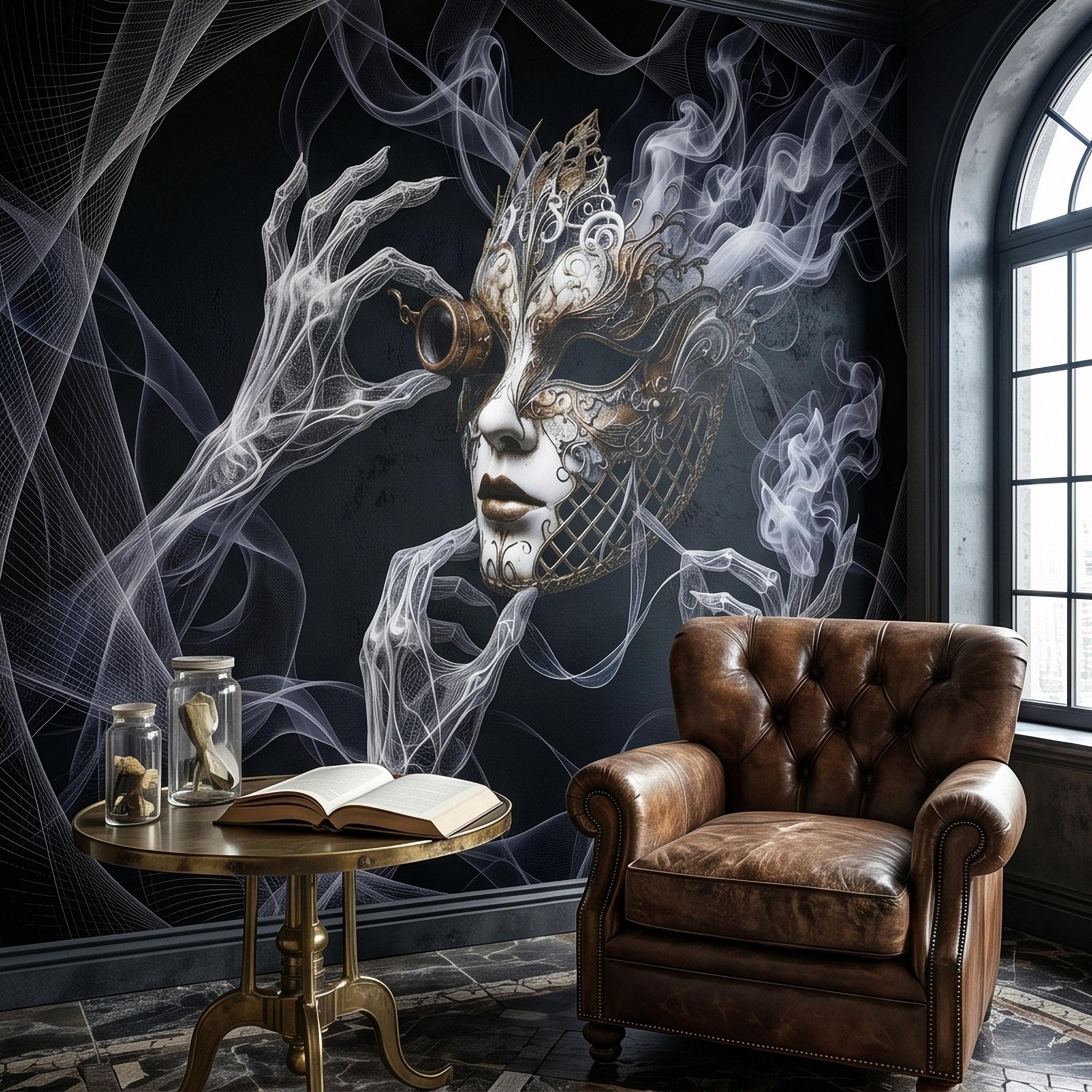 Steampunk Masquerade Mask Peel and Stick Wall Mural, Gothic Smoke Phantom Hands Dark Black Surreal Venetian Carnival Art Moody Wallpaper