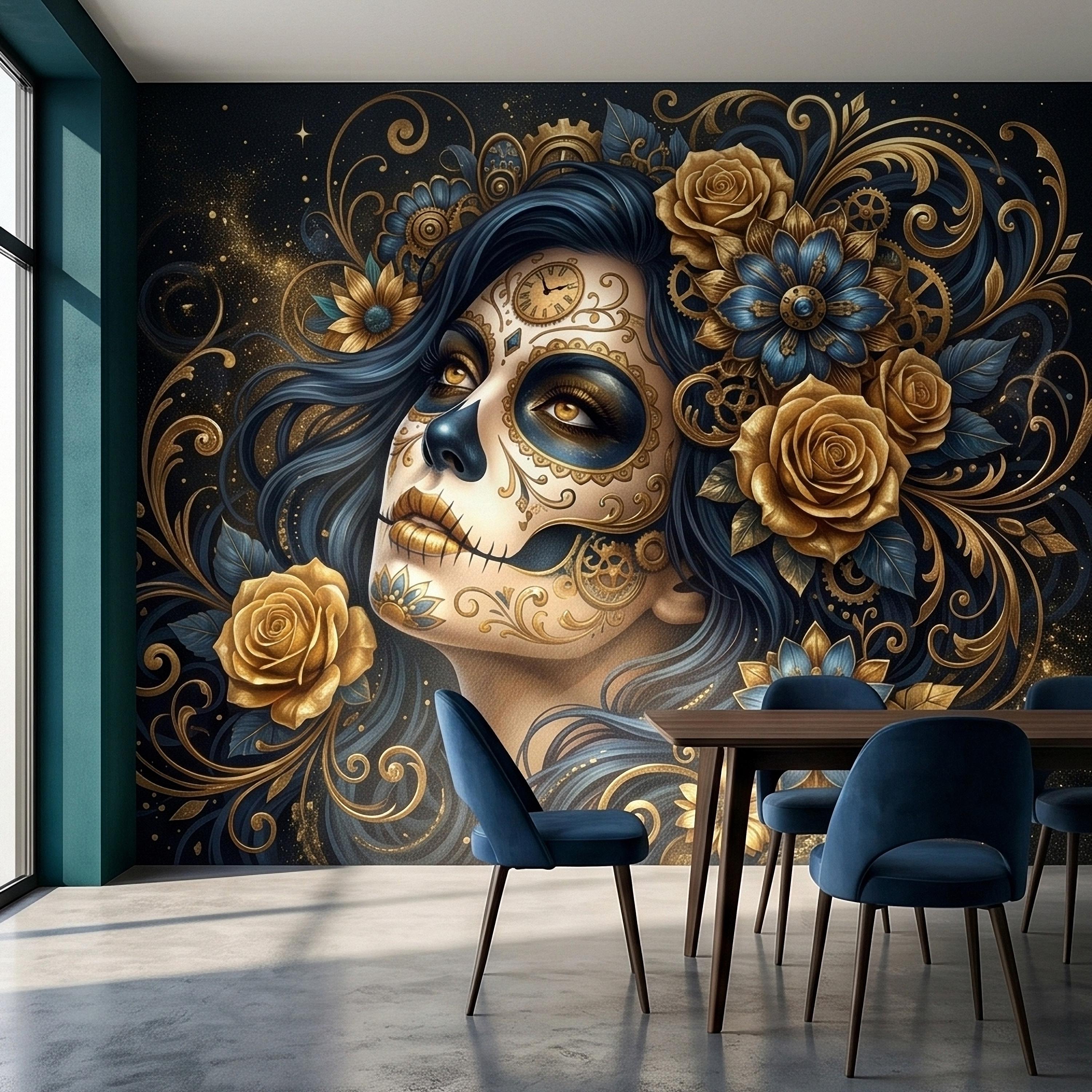 Steampunk Sugar Skull Woman Peel and Stick Wall Mural, Day of the Dead Gothic Portrait with Gold Roses and Gears Dark Night Floral Wallpaper