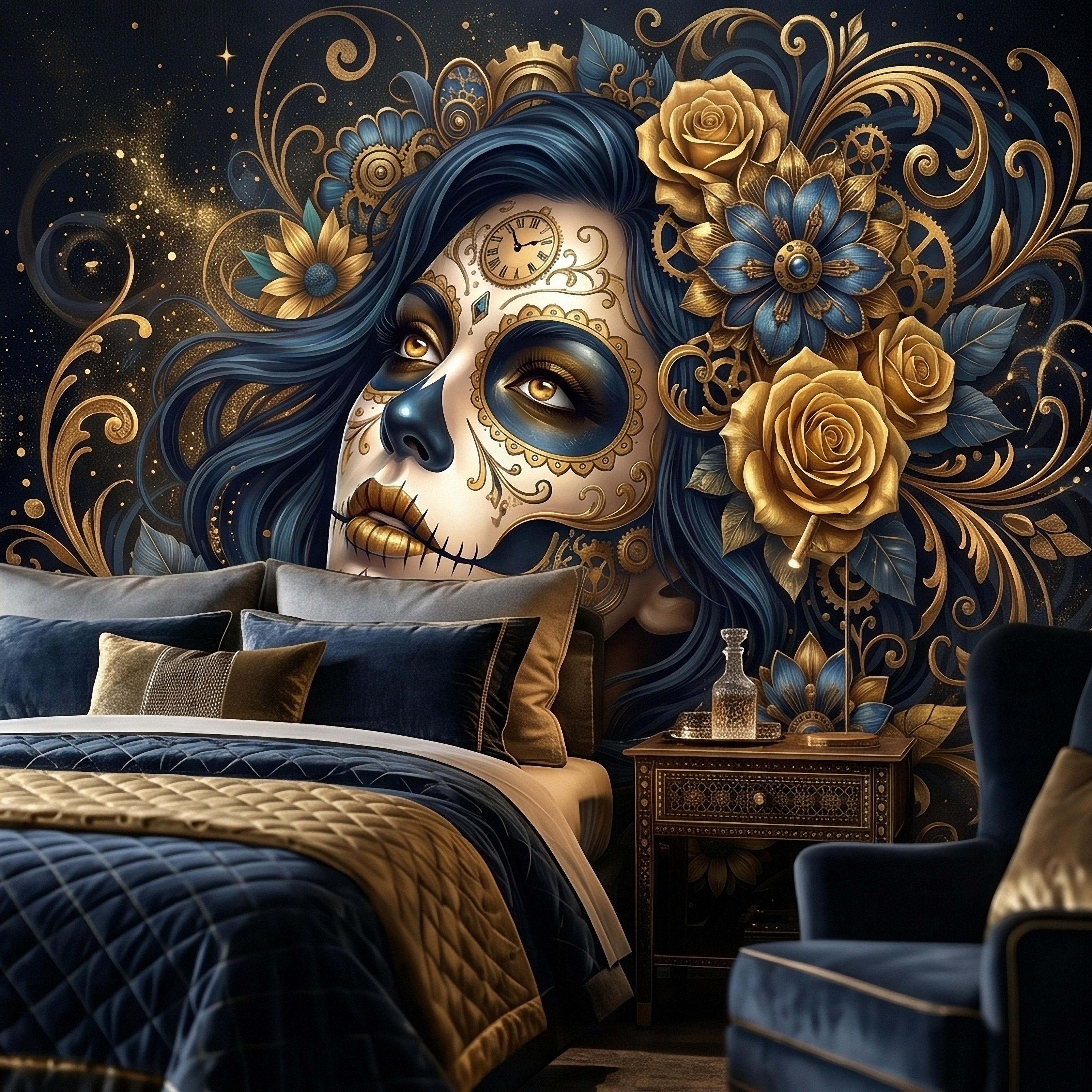 Steampunk Sugar Skull Woman Peel and Stick Wall Mural, Day of the Dead Gothic Portrait with Gold Roses and Gears Dark Night Floral Wallpaper