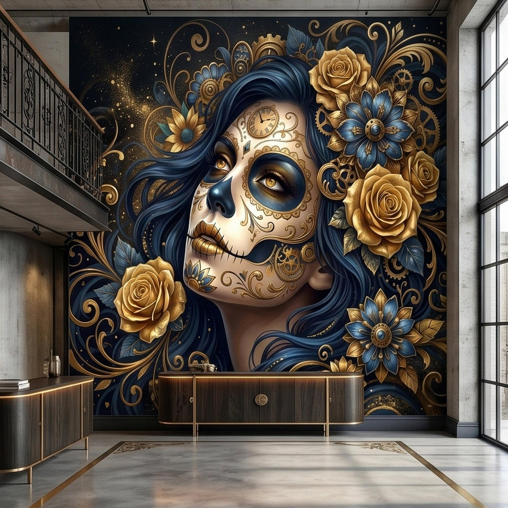 Steampunk Sugar Skull Woman Peel and Stick Wall Mural, Day of the Dead Gothic Portrait with Gold Roses and Gears Dark Night Floral Wallpaper