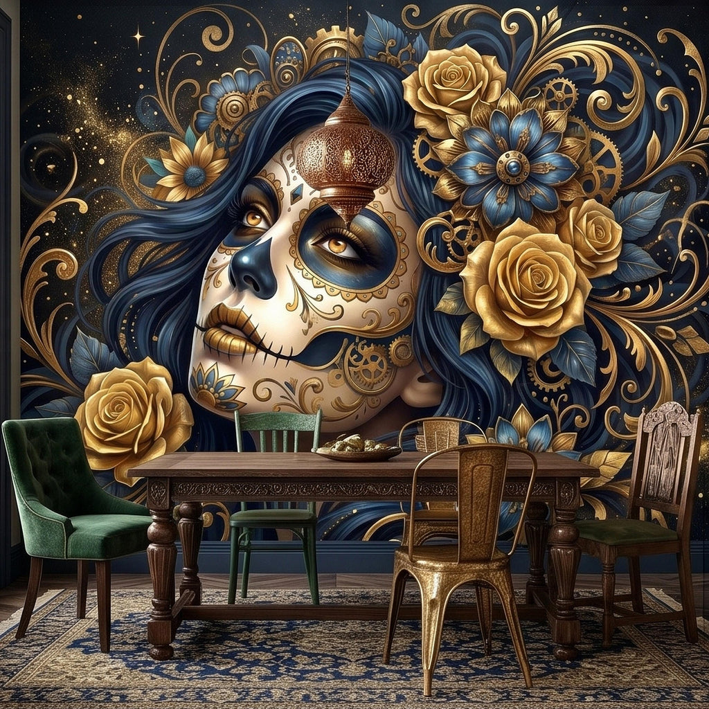 Steampunk Sugar Skull Woman Peel and Stick Wall Mural, Day of the Dead Gothic Portrait with Gold Roses and Gears Dark Night Floral Wallpaper