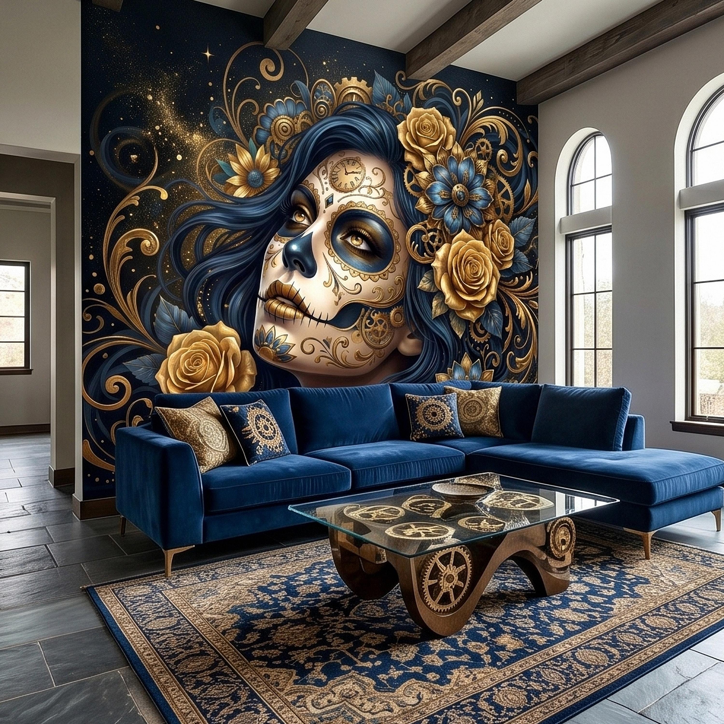 Steampunk Sugar Skull Woman Peel and Stick Wall Mural, Day of the Dead Gothic Portrait with Gold Roses and Gears Dark Night Floral Wallpaper