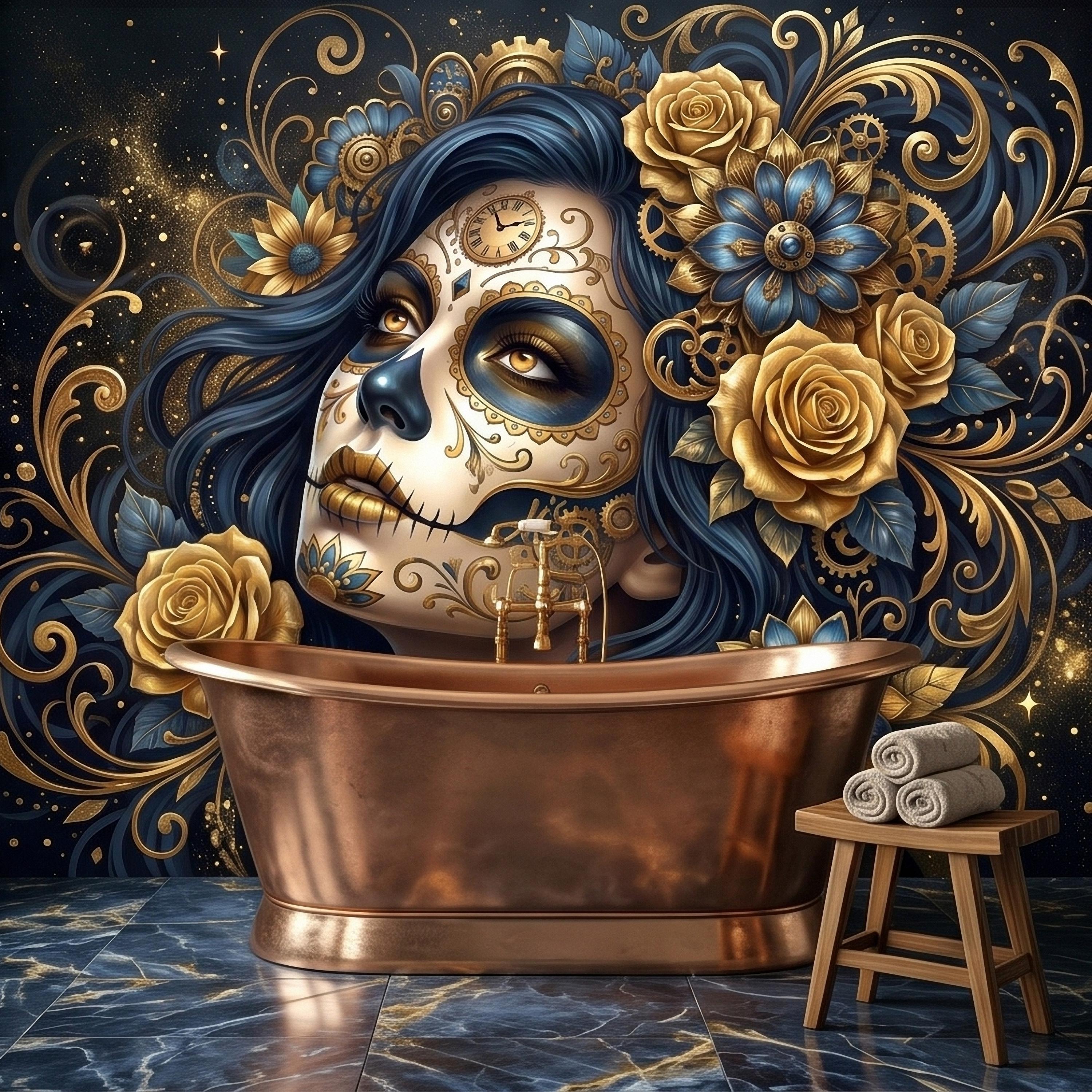 Steampunk Sugar Skull Woman Peel and Stick Wall Mural, Day of the Dead Gothic Portrait with Gold Roses and Gears Dark Night Floral Wallpaper