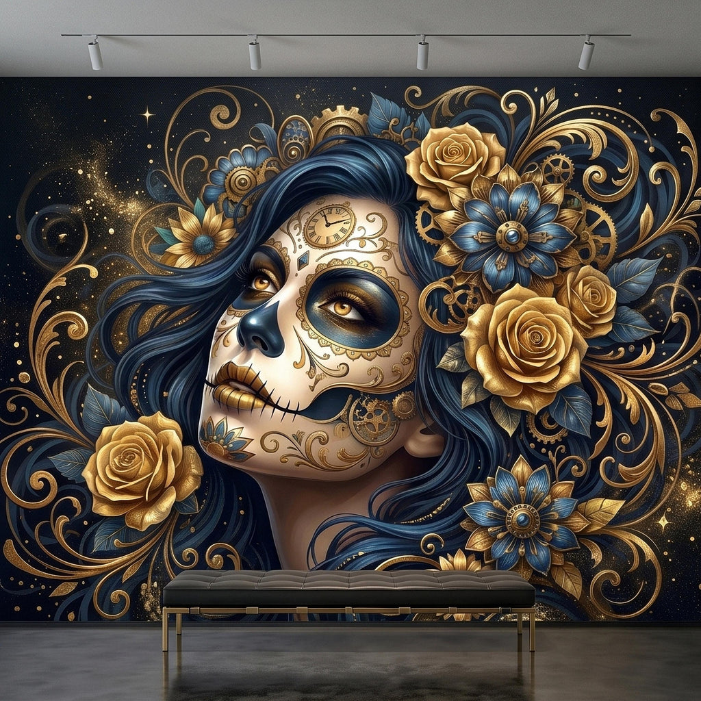 Steampunk Sugar Skull Woman Peel and Stick Wall Mural, Day of the Dead Gothic Portrait with Gold Roses and Gears Dark Night Floral Wallpaper