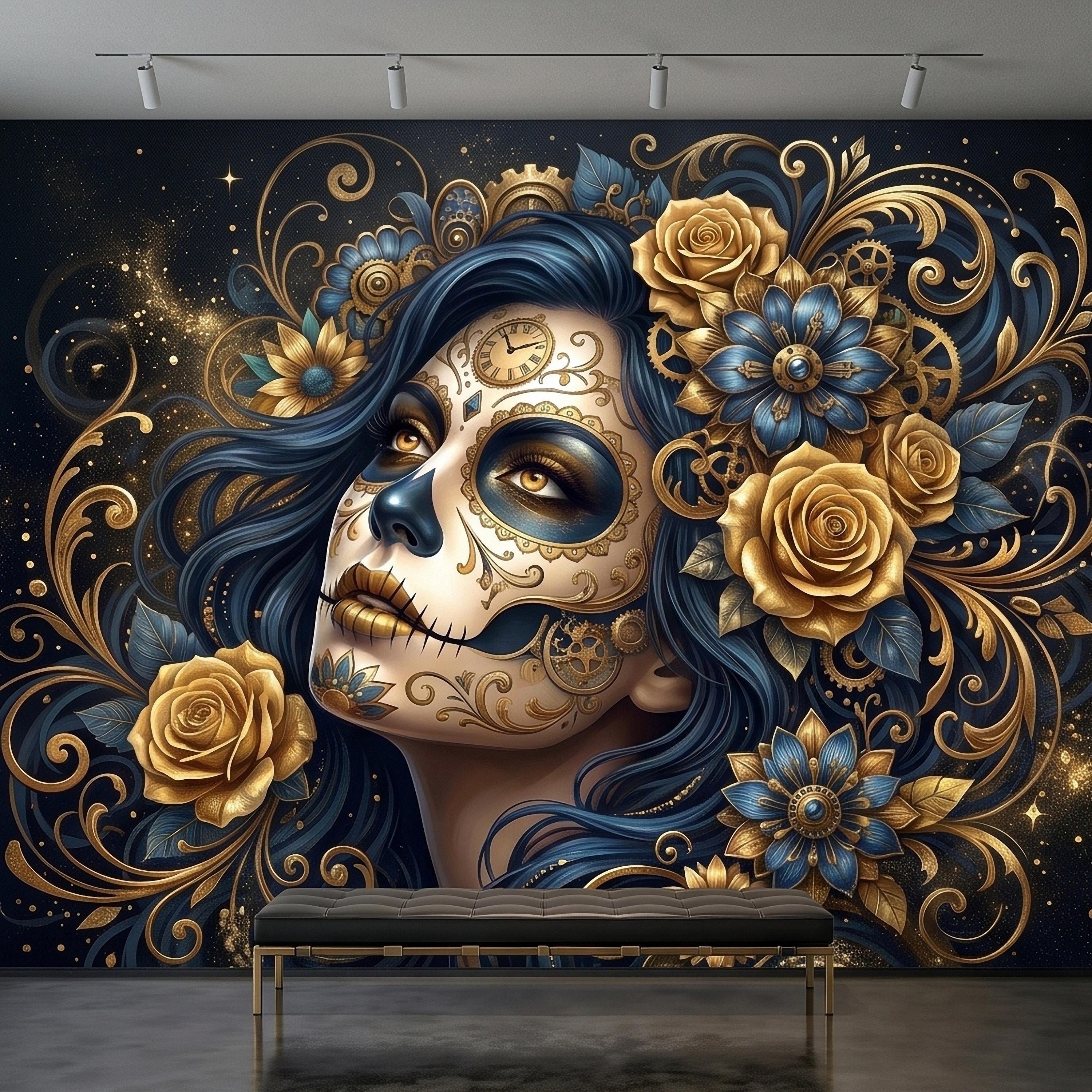 Steampunk Sugar Skull Woman Peel and Stick Wall Mural, Day of the Dead Gothic Portrait with Gold Roses and Gears Dark Night Floral Wallpaper