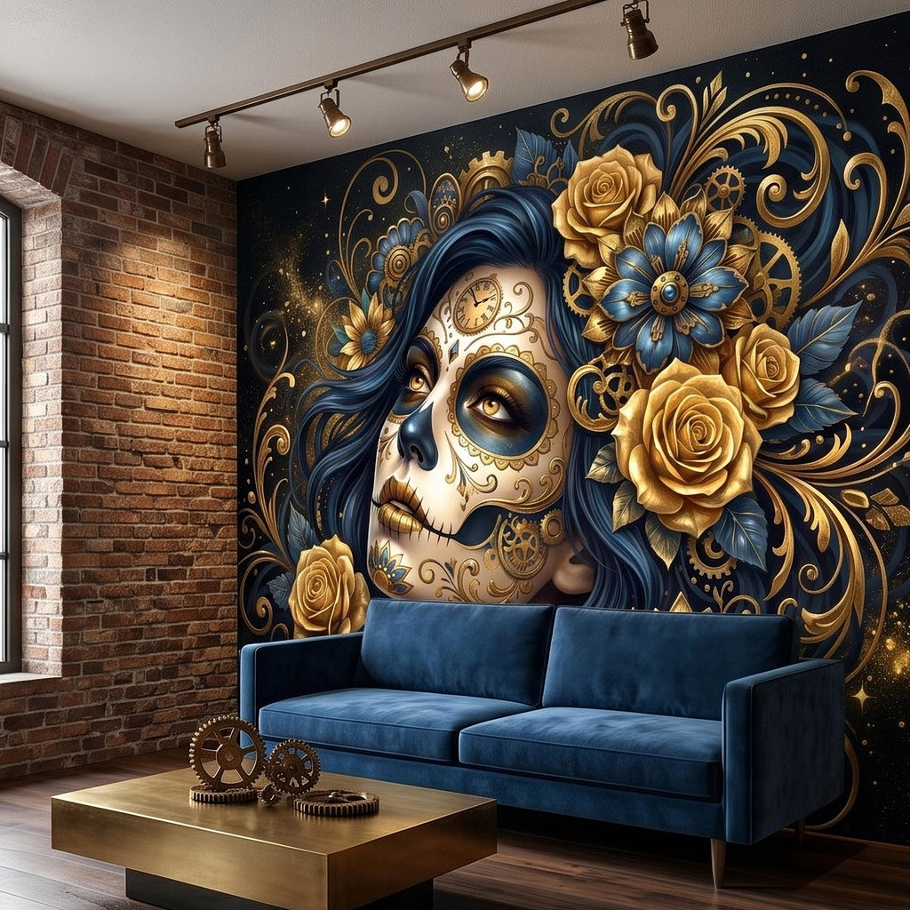 Steampunk Sugar Skull Woman Peel and Stick Wall Mural, Day of the Dead Gothic Portrait with Gold Roses and Gears Dark Night Floral Wallpaper