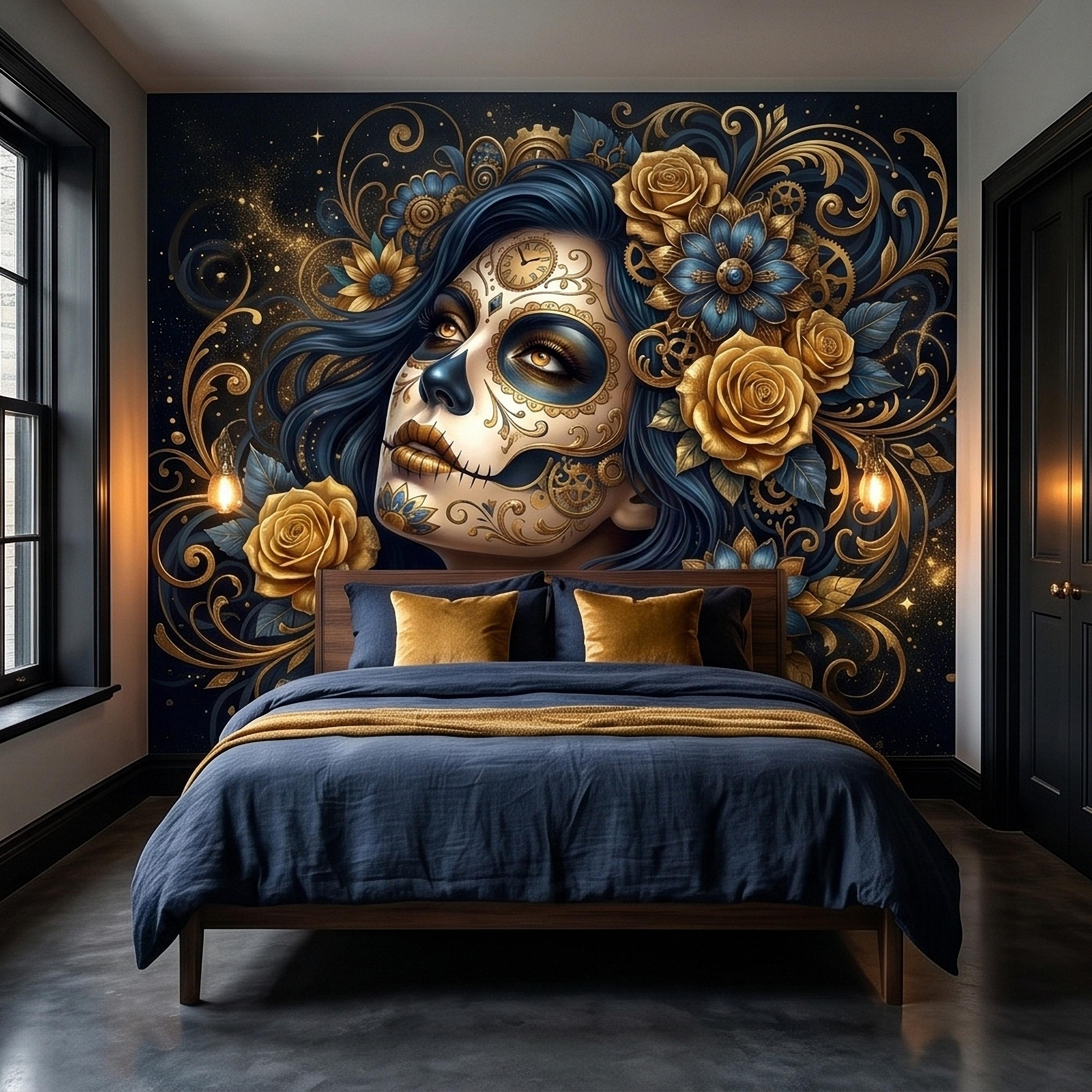 Steampunk Sugar Skull Woman Peel and Stick Wall Mural, Day of the Dead Gothic Portrait with Gold Roses and Gears Dark Night Floral Wallpaper