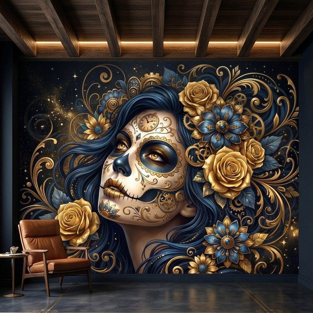 Steampunk Sugar Skull Woman Peel and Stick Wall Mural, Day of the Dead Gothic Portrait with Gold Roses and Gears Dark Night Floral Wallpaper