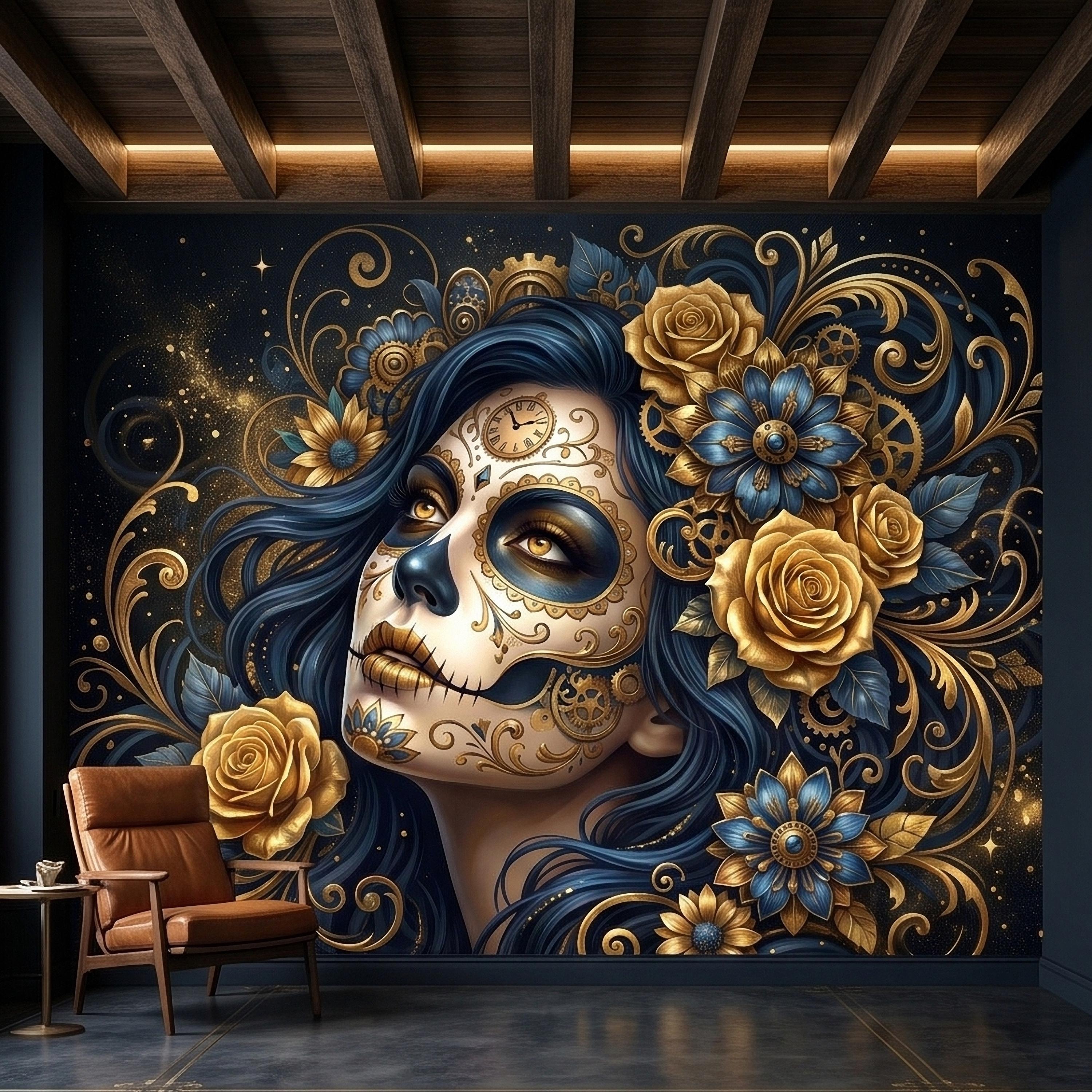 Steampunk Sugar Skull Woman Peel and Stick Wall Mural, Day of the Dead Gothic Portrait with Gold Roses and Gears Dark Night Floral Wallpaper