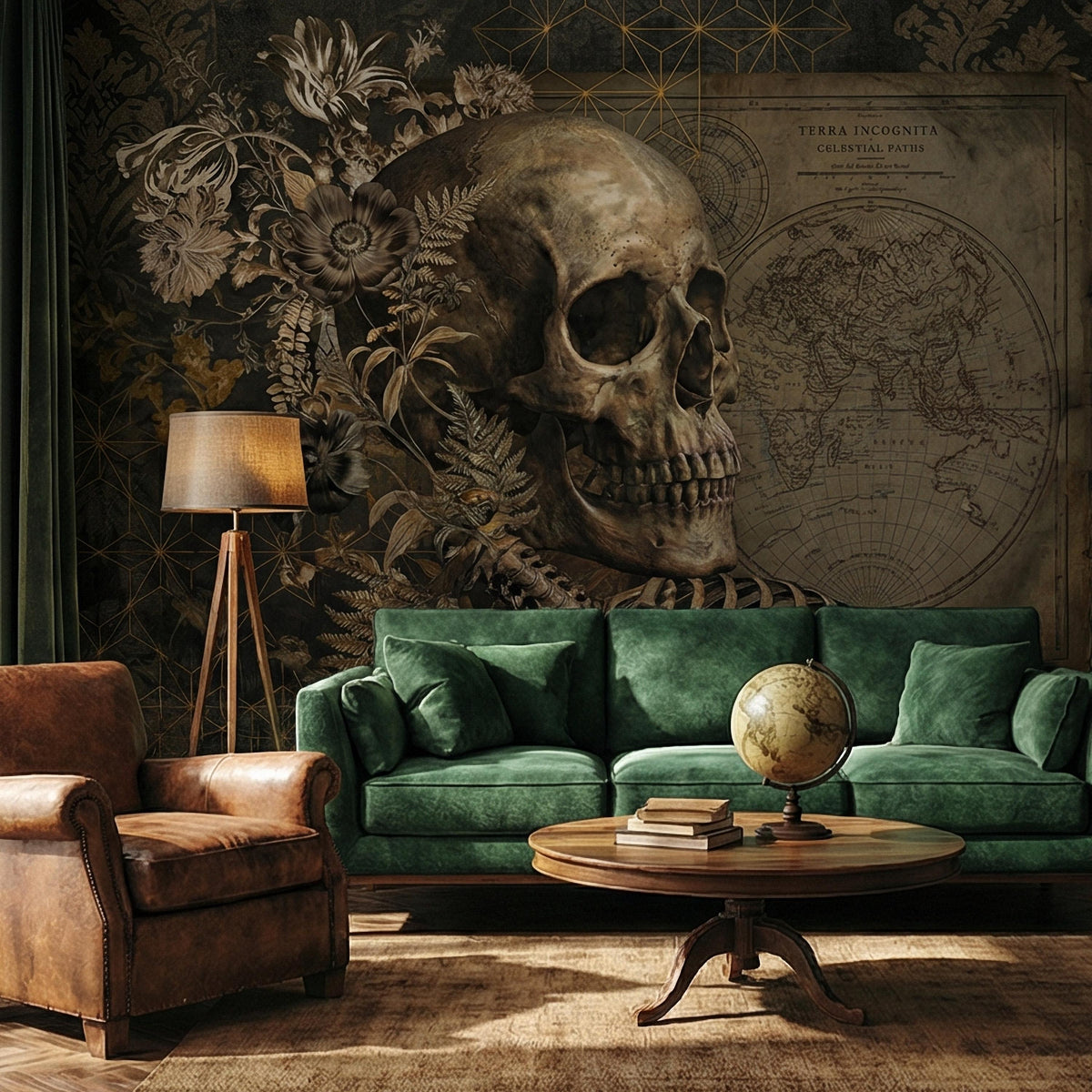Dark Academia Skull Peel and Stick Wall Mural, Gothic Skeleton Floral Collage, Vintage Map Memento Mori, Antique Victorian Wallpaper - The Fine Art Murals