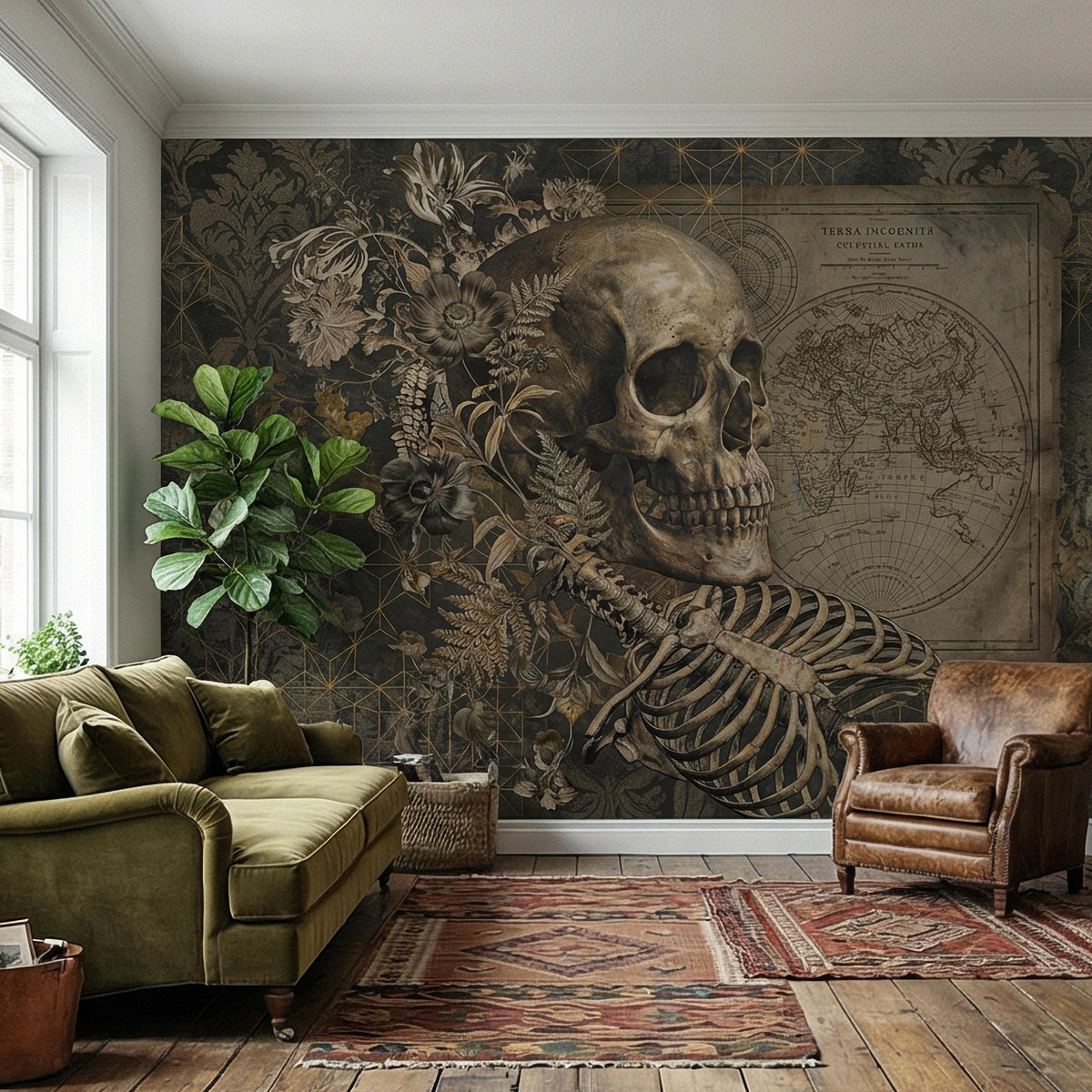 Dark Academia Skull Peel and Stick Wall Mural, Gothic Skeleton Floral Collage, Vintage Map Memento Mori, Antique Victorian Wallpaper - The Fine Art Murals