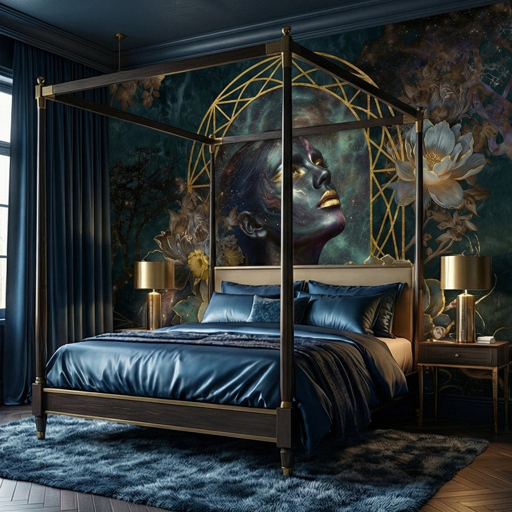 Mystic Celestial Goddess Peel and Stick Wall Mural, Cosmic Woman Portrait, Moody Dark Teal Gold Art Deco Floral Astral Galaxy Wallpaper
