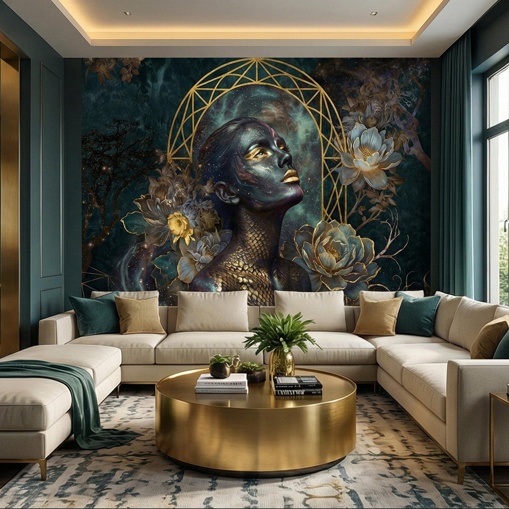 Mystic Celestial Goddess Peel and Stick Wall Mural, Cosmic Woman Portrait, Moody Dark Teal Gold Art Deco Floral Astral Galaxy Wallpaper