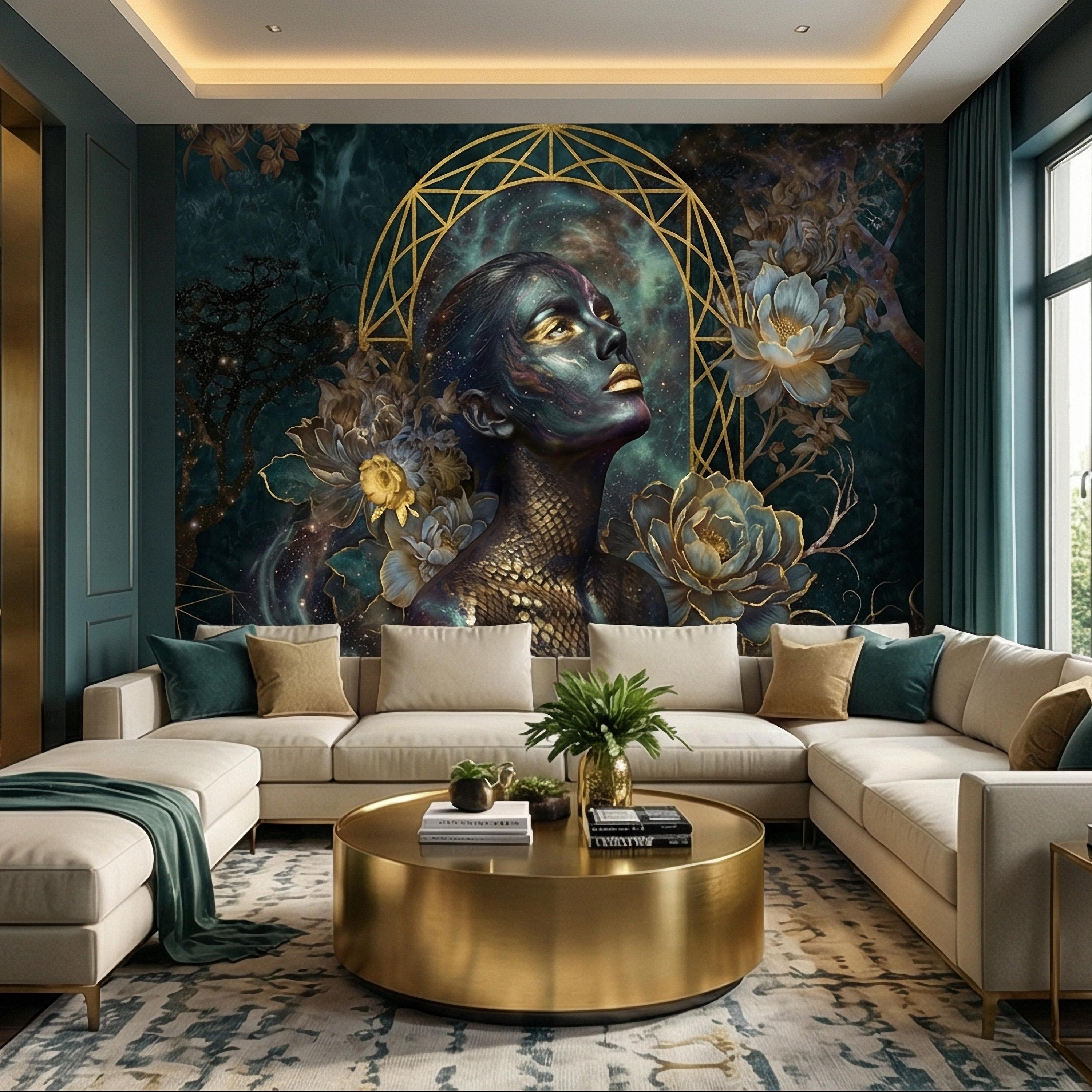 Mystic Celestial Goddess Peel and Stick Wall Mural, Cosmic Woman Portrait, Moody Dark Teal Gold Art Deco Floral Astral Galaxy Wallpaper