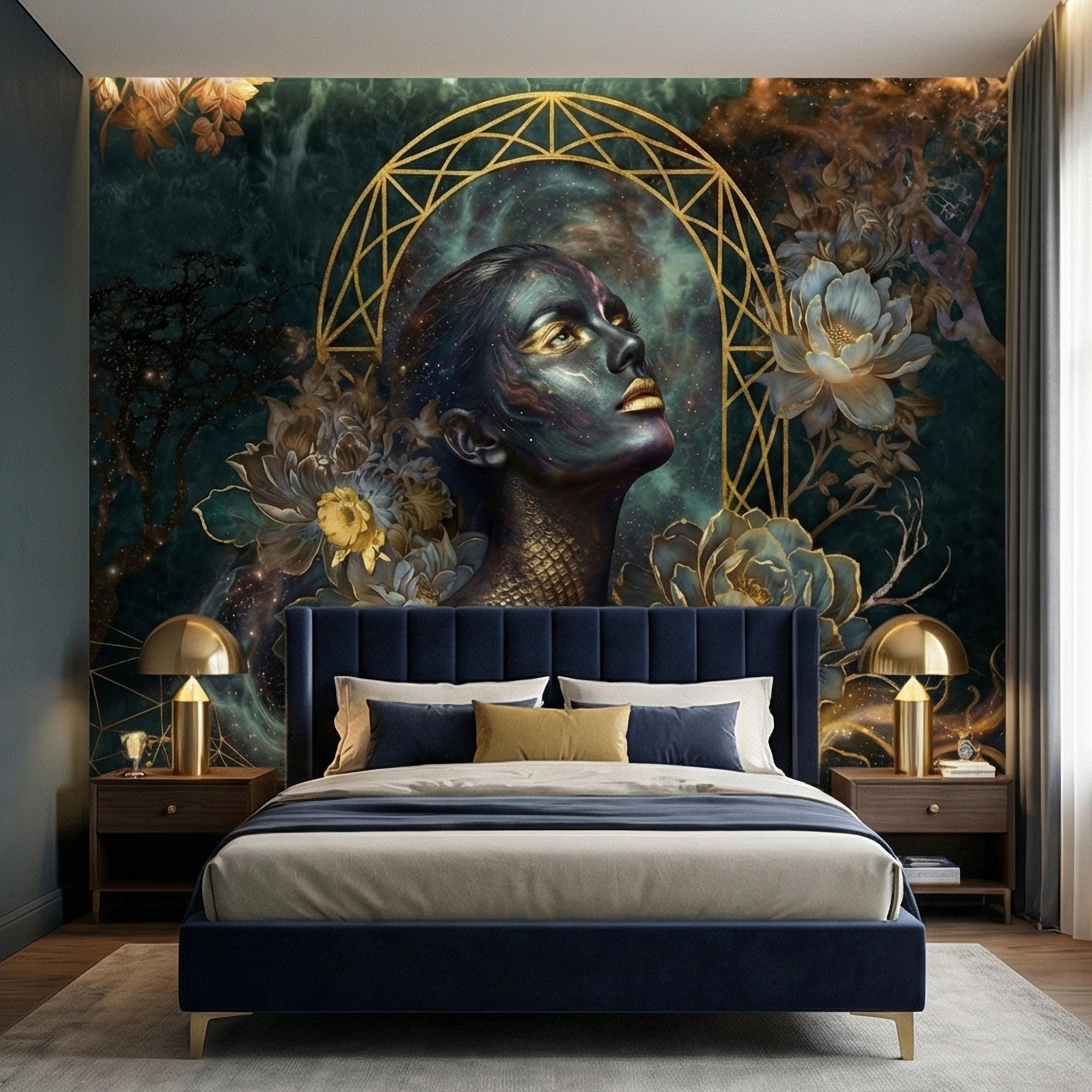 Mystic Celestial Goddess Peel and Stick Wall Mural, Cosmic Woman Portrait, Moody Dark Teal Gold Art Deco Floral Astral Galaxy Wallpaper