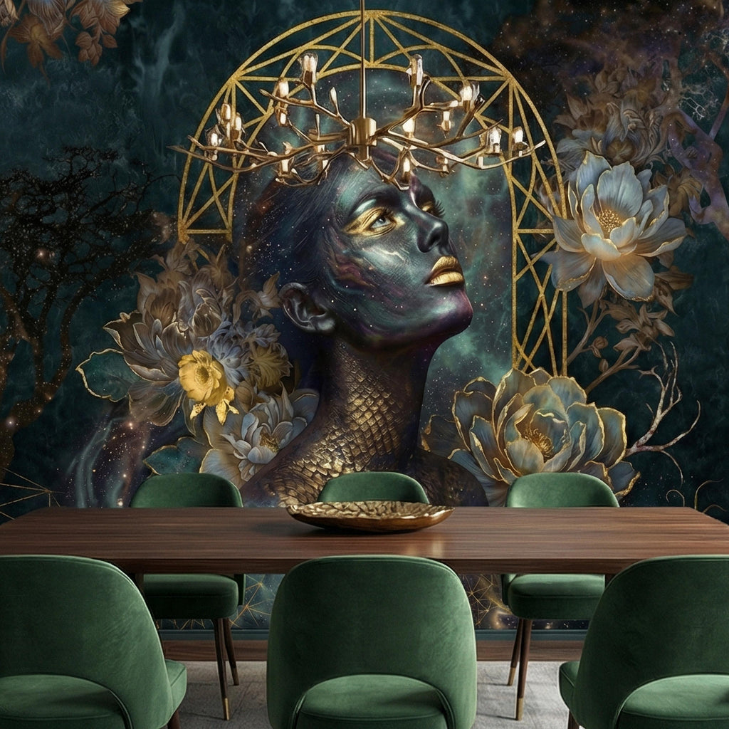 Mystic Celestial Goddess Peel and Stick Wall Mural, Cosmic Woman Portrait, Moody Dark Teal Gold Art Deco Floral Astral Galaxy Wallpaper