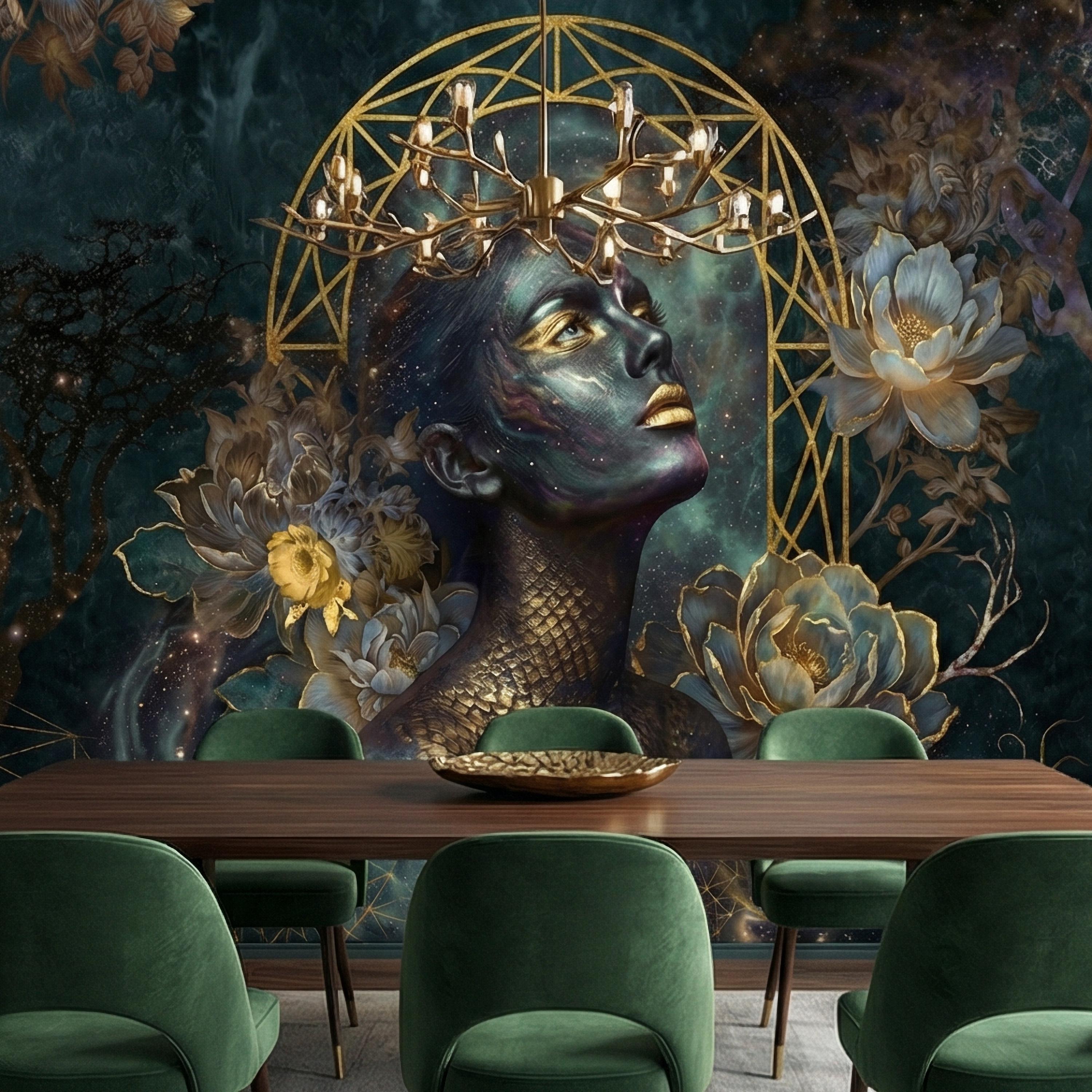 Mystic Celestial Goddess Peel and Stick Wall Mural, Cosmic Woman Portrait, Moody Dark Teal Gold Art Deco Floral Astral Galaxy Wallpaper
