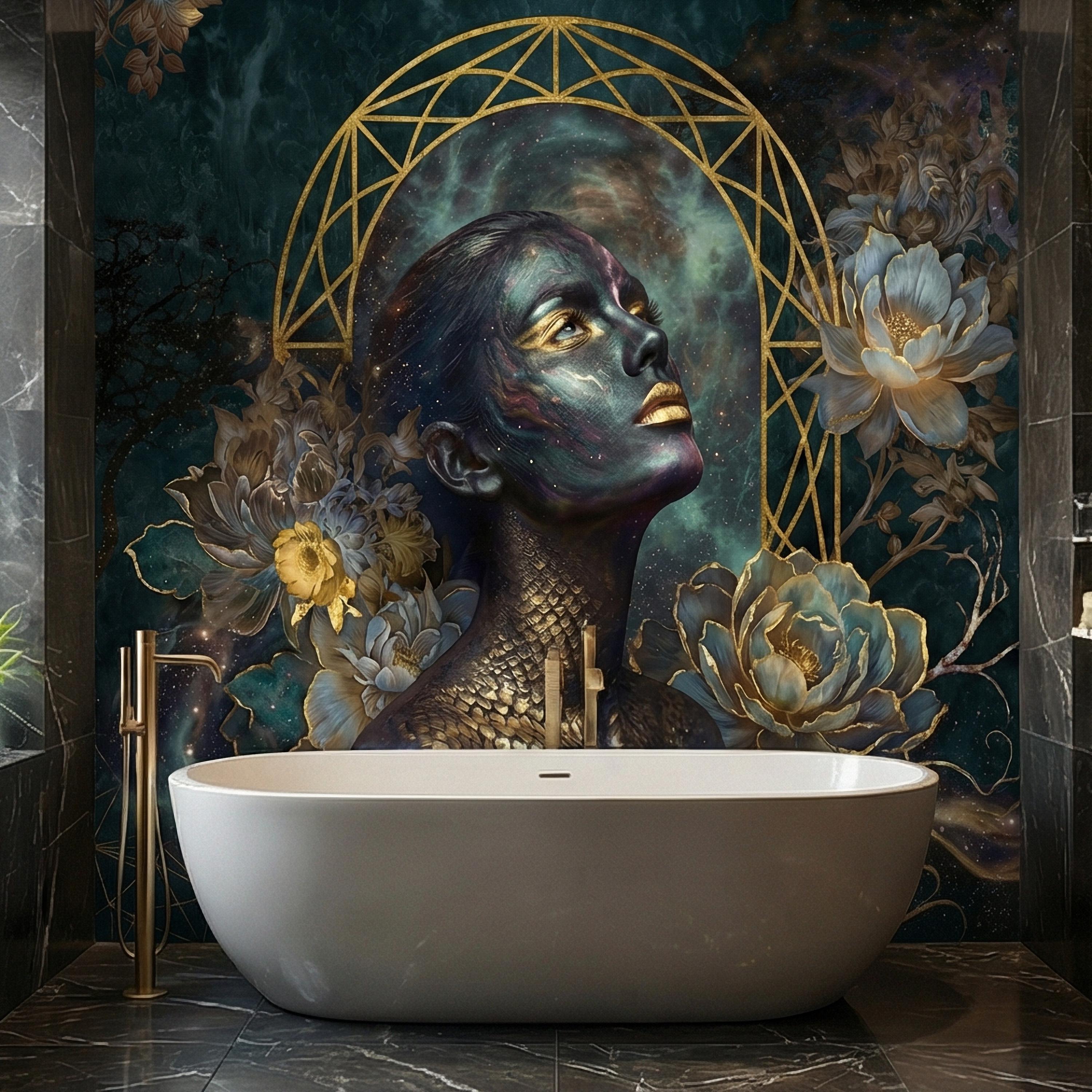 Mystic Celestial Goddess Peel and Stick Wall Mural, Cosmic Woman Portrait, Moody Dark Teal Gold Art Deco Floral Astral Galaxy Wallpaper