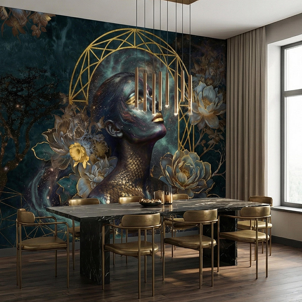 Mystic Celestial Goddess Peel and Stick Wall Mural, Cosmic Woman Portrait, Moody Dark Teal Gold Art Deco Floral Astral Galaxy Wallpaper