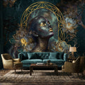 Mystic Celestial Goddess Peel and Stick Wall Mural, Cosmic Woman Portrait, Moody Dark Teal Gold Art Deco Floral Astral Galaxy Wallpaper