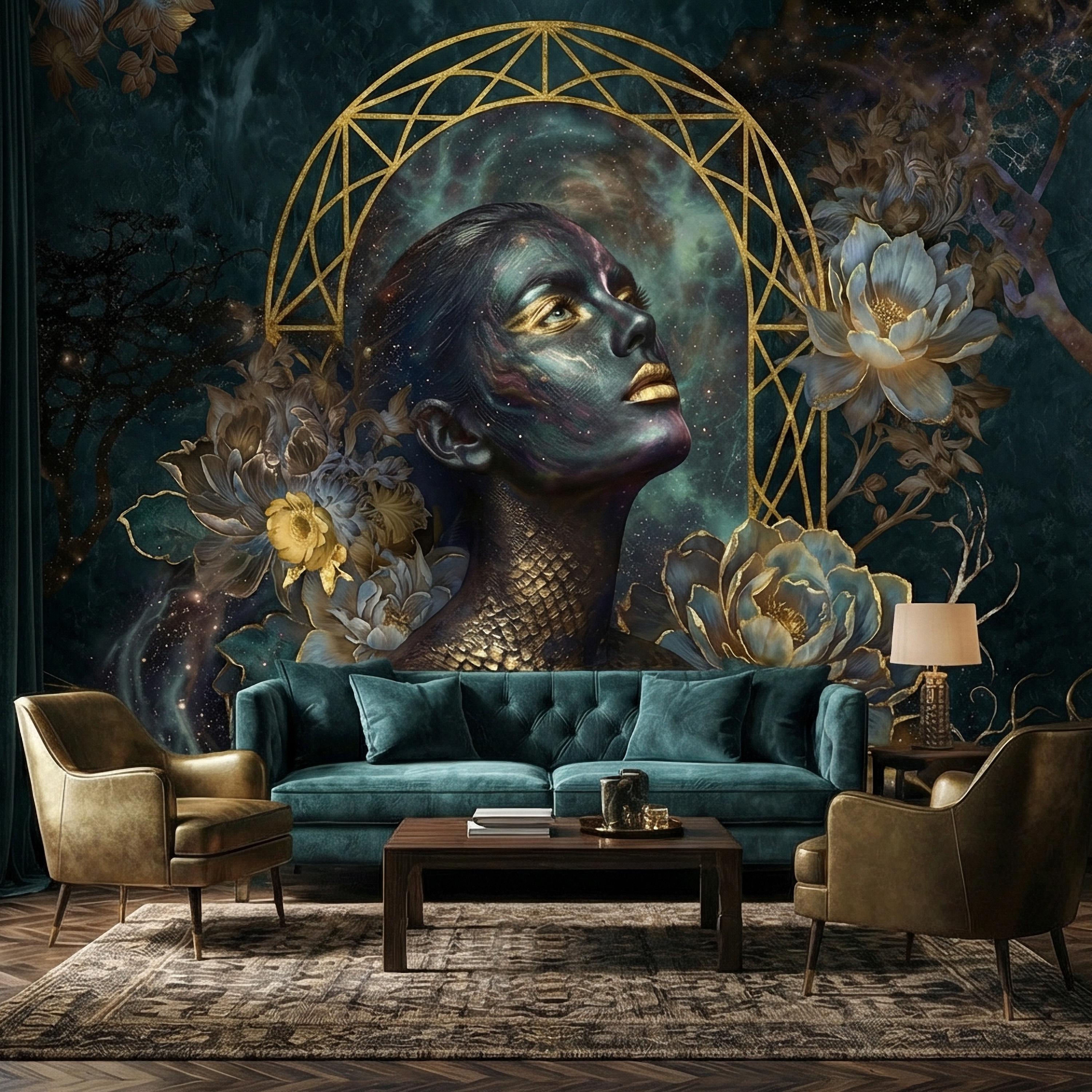 Mystic Celestial Goddess Peel and Stick Wall Mural, Cosmic Woman Portrait, Moody Dark Teal Gold Art Deco Floral Astral Galaxy Wallpaper