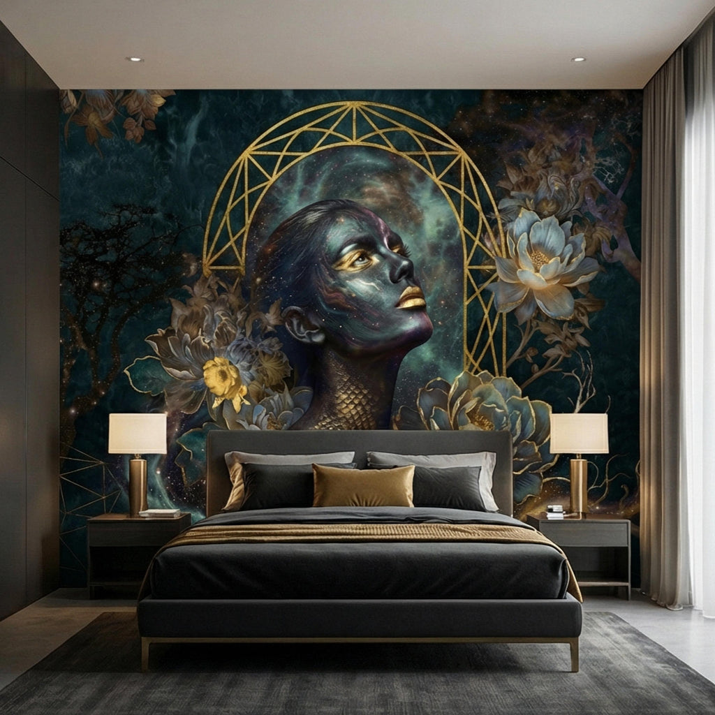 Mystic Celestial Goddess Peel and Stick Wall Mural, Cosmic Woman Portrait, Moody Dark Teal Gold Art Deco Floral Astral Galaxy Wallpaper