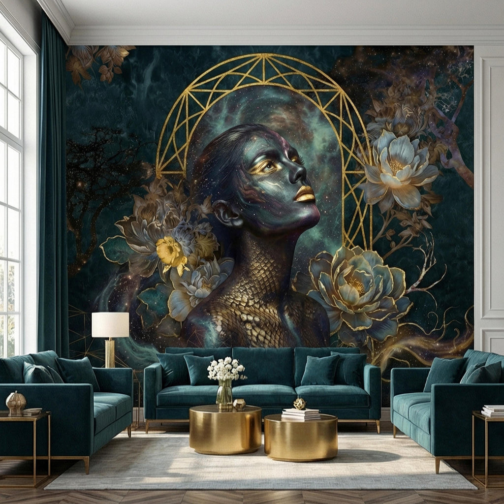 Mystic Celestial Goddess Peel and Stick Wall Mural, Cosmic Woman Portrait, Moody Dark Teal Gold Art Deco Floral Astral Galaxy Wallpaper