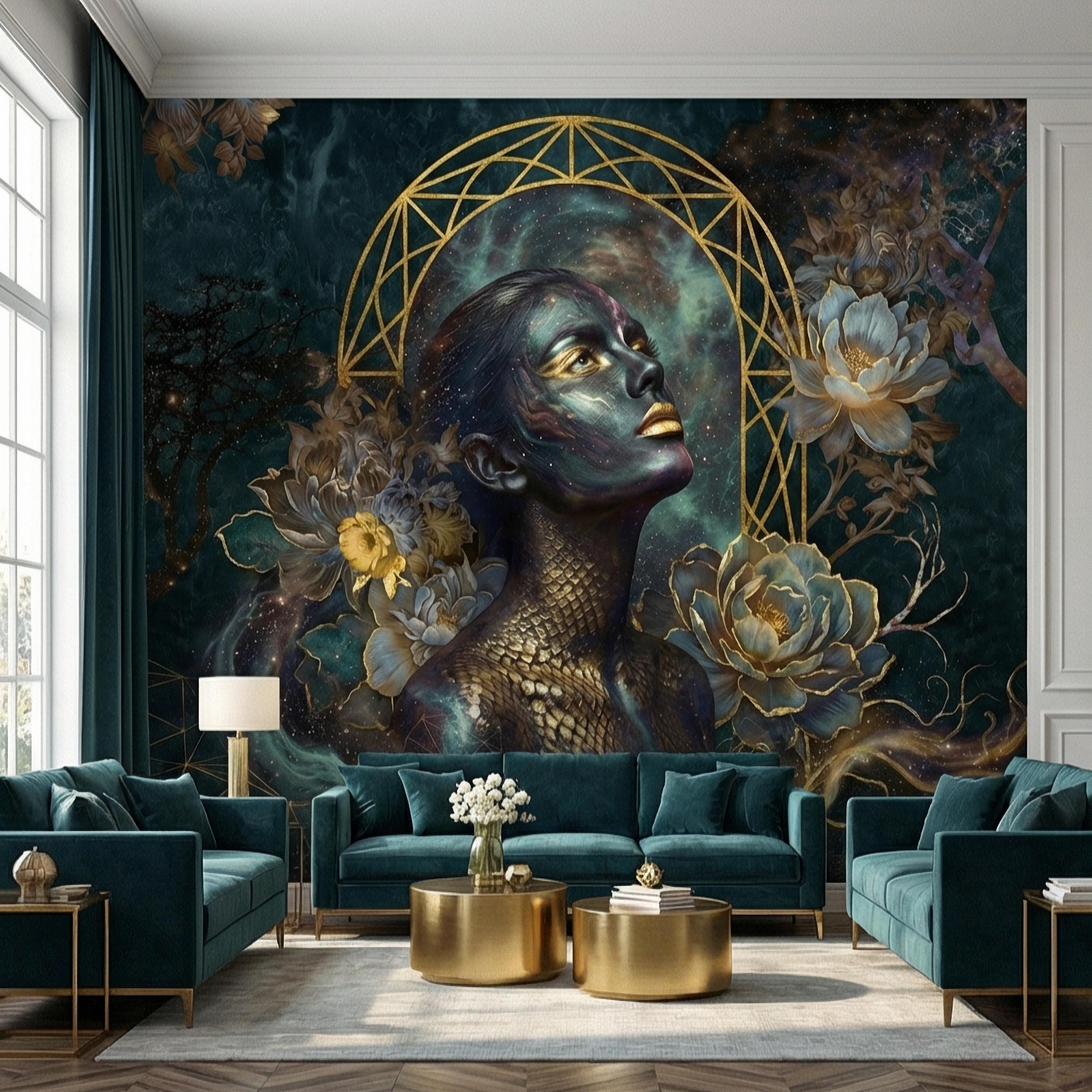Mystic Celestial Goddess Peel and Stick Wall Mural, Cosmic Woman Portrait, Moody Dark Teal Gold Art Deco Floral Astral Galaxy Wallpaper