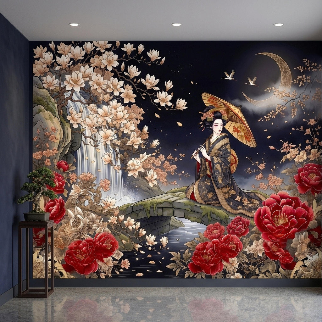 Japanese Geisha Kimono Peel and Stick Wall Mural, Moonlit Sakura Blossoms and Red Peonies, Waterfall Garden Bridge Oriental Art Wallpaper