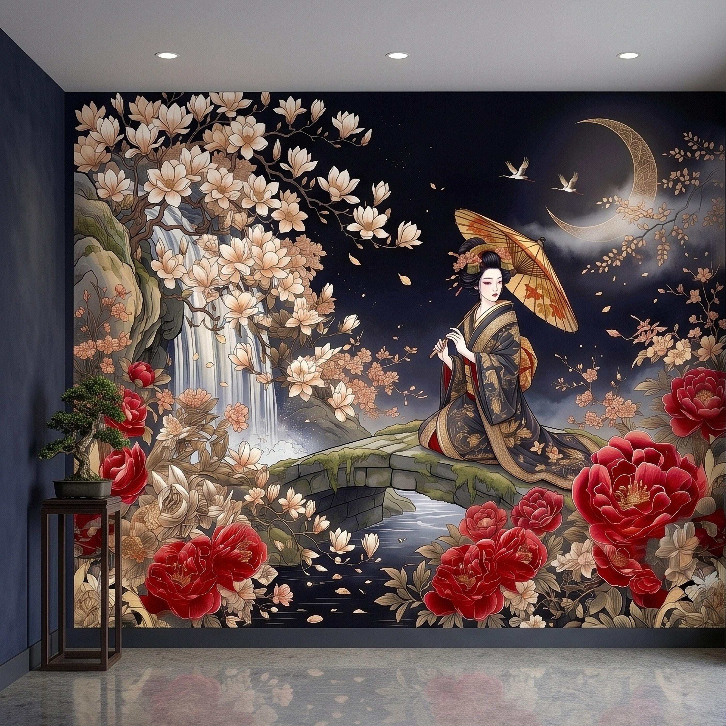 Japanese Geisha Kimono Peel and Stick Wall Mural, Moonlit Sakura Blossoms and Red Peonies, Waterfall Garden Bridge Oriental Art Wallpaper