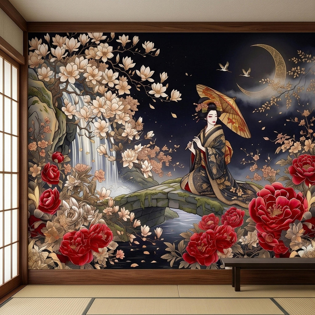 Japanese Geisha Kimono Peel and Stick Wall Mural, Moonlit Sakura Blossoms and Red Peonies, Waterfall Garden Bridge Oriental Art Wallpaper