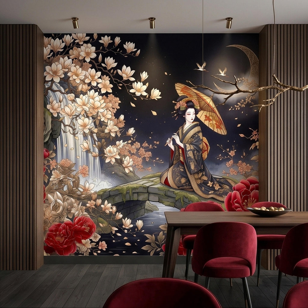 Japanese Geisha Kimono Peel and Stick Wall Mural, Moonlit Sakura Blossoms and Red Peonies, Waterfall Garden Bridge Oriental Art Wallpaper