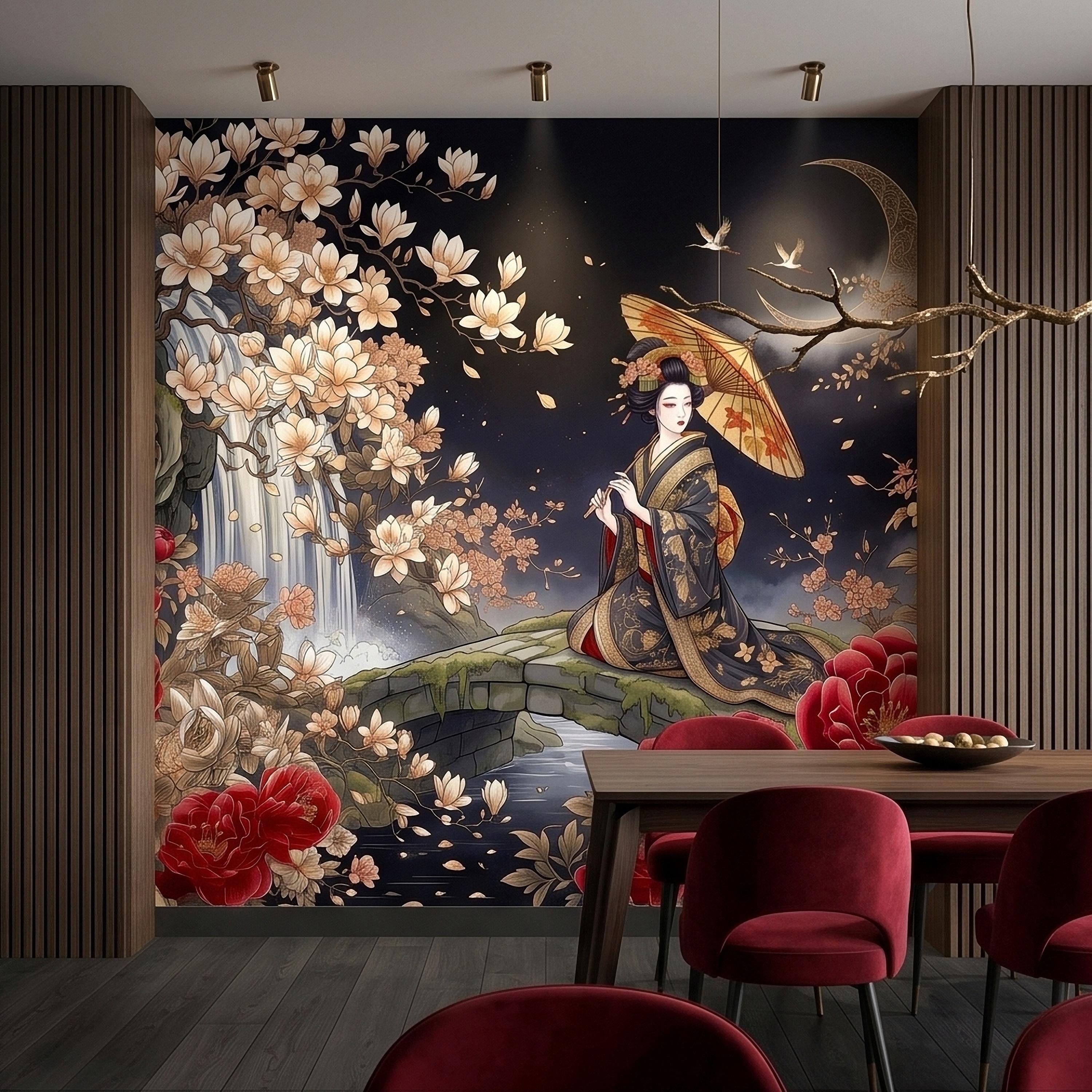 Japanese Geisha Kimono Peel and Stick Wall Mural, Moonlit Sakura Blossoms and Red Peonies, Waterfall Garden Bridge Oriental Art Wallpaper