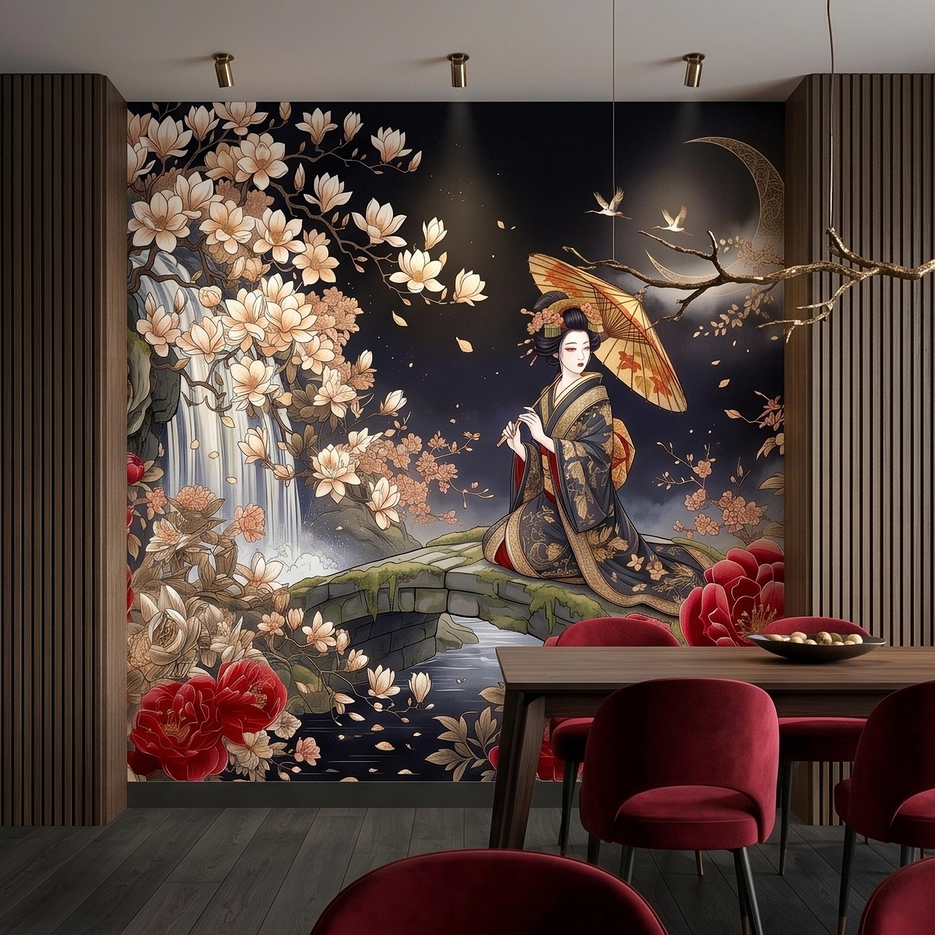 Japanese Geisha Kimono Peel and Stick Wall Mural, Moonlit Sakura Blossoms and Red Peonies, Waterfall Garden Bridge Oriental Art Wallpaper