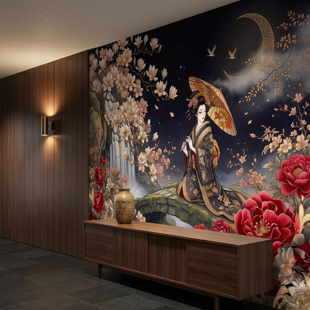 Japanese Geisha Kimono Peel and Stick Wall Mural, Moonlit Sakura Blossoms and Red Peonies, Waterfall Garden Bridge Oriental Art Wallpaper