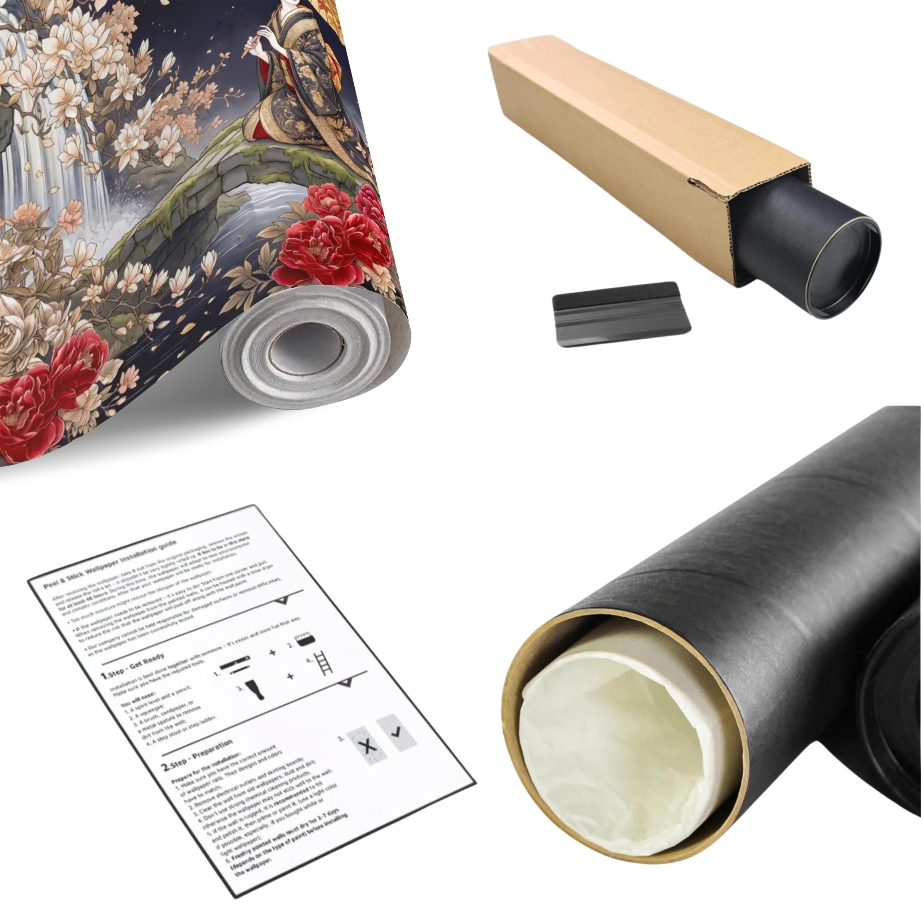 Japanese Geisha Kimono Peel and Stick Wall Mural, Moonlit Sakura Blossoms and Red Peonies, Waterfall Garden Bridge Oriental Art Wallpaper