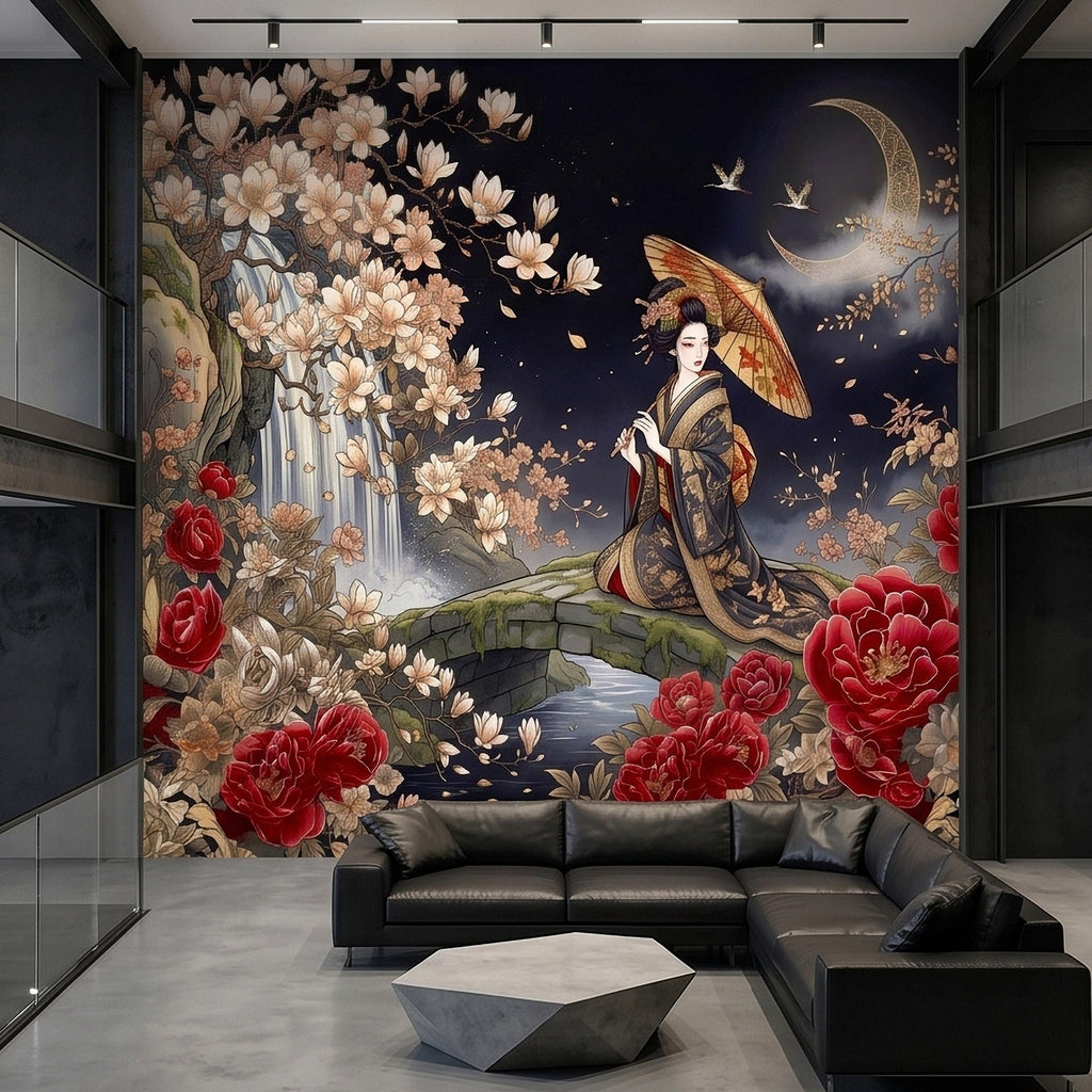 Japanese Geisha Kimono Peel and Stick Wall Mural, Moonlit Sakura Blossoms and Red Peonies, Waterfall Garden Bridge Oriental Art Wallpaper